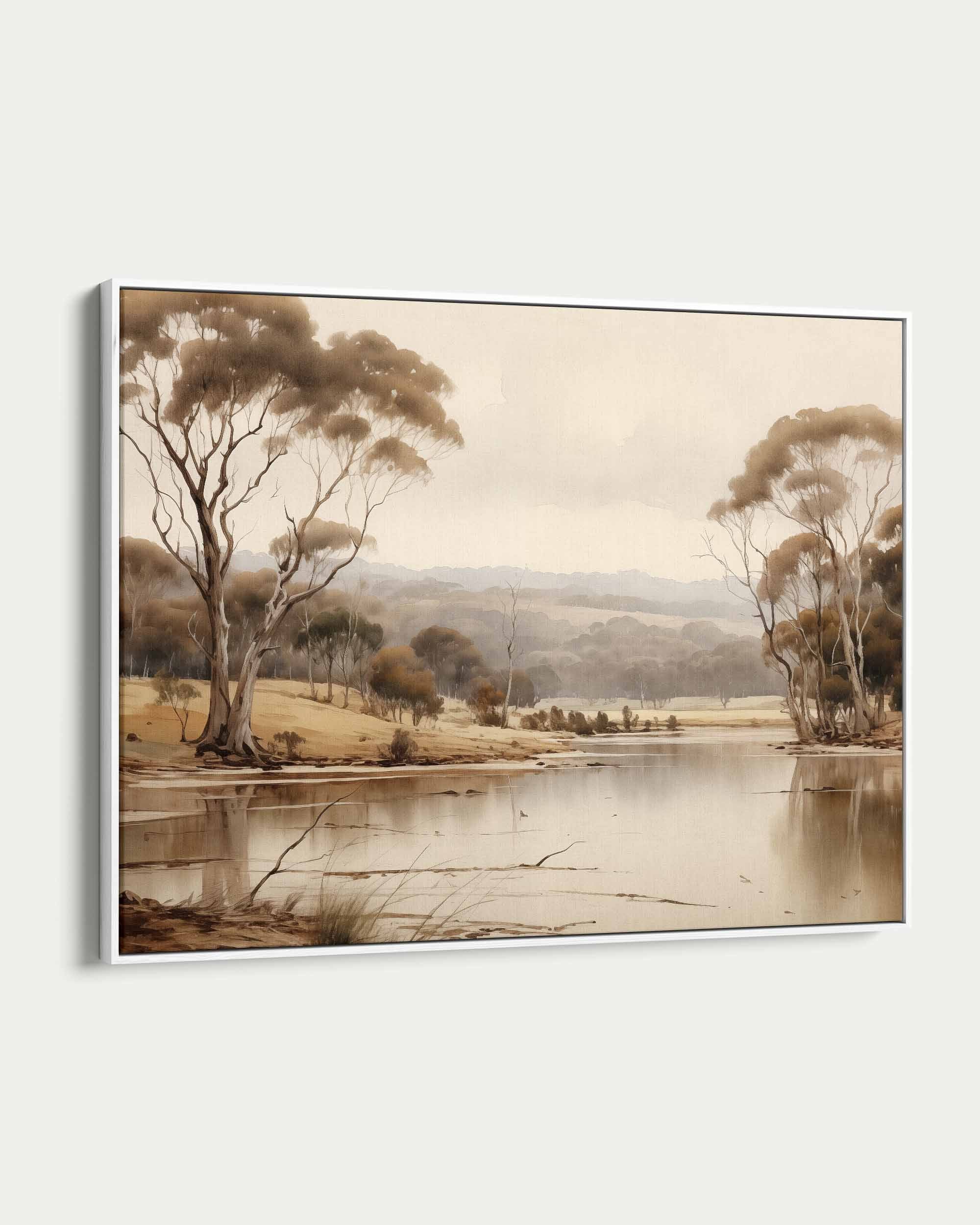 Framed artwork of a landscape with trees and a lake.