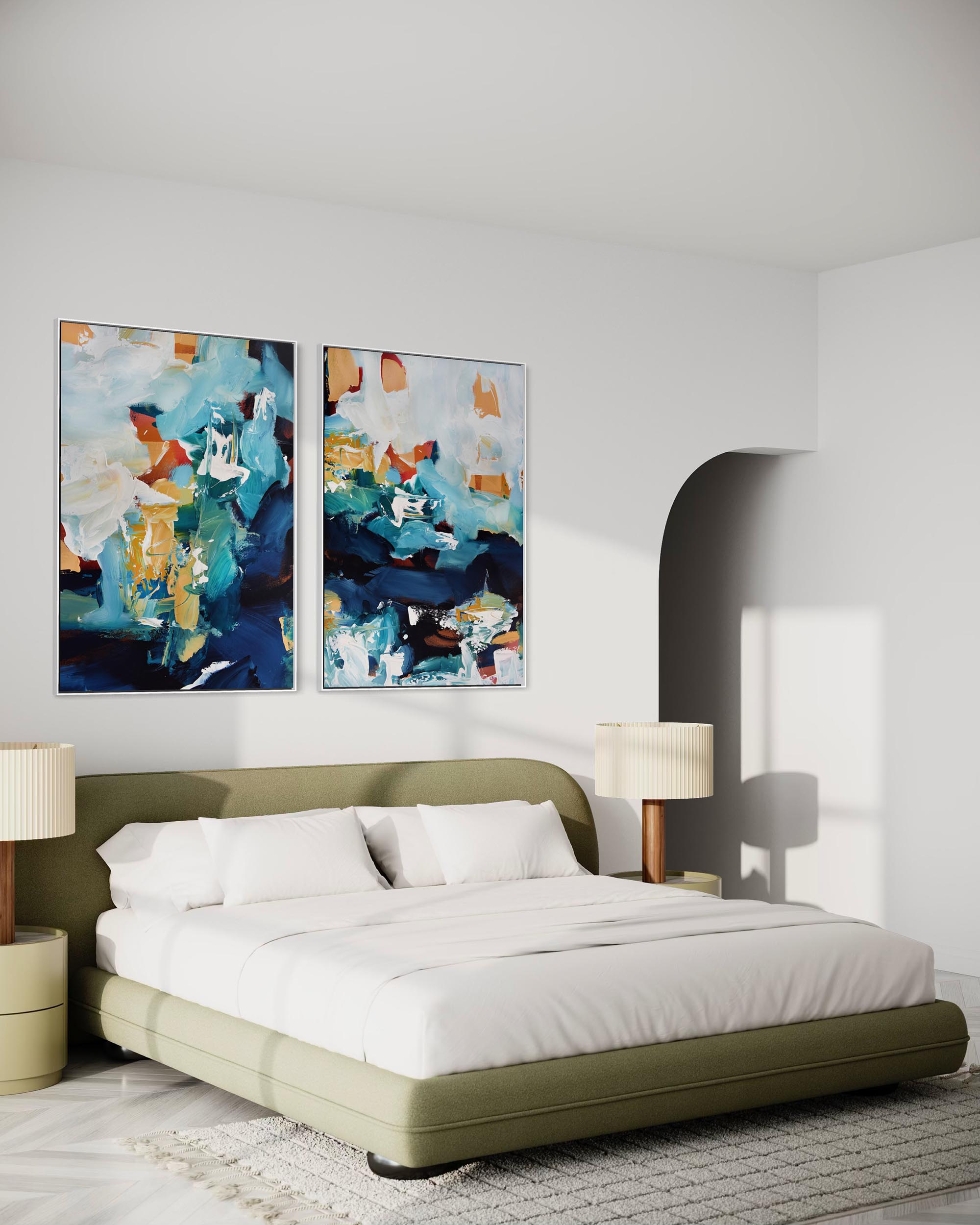Modern bedroom with abstract art on the wall and a bed.