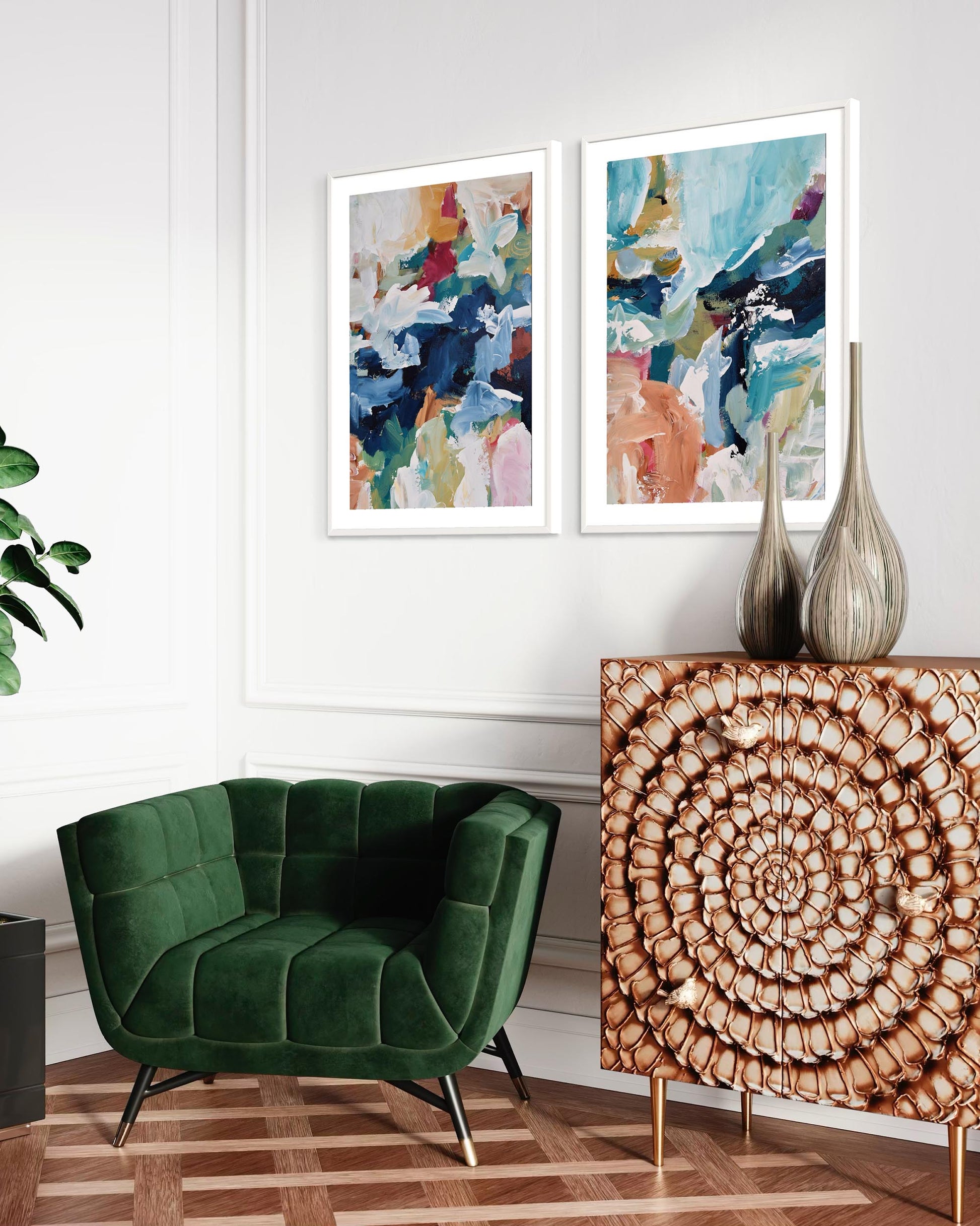 Modern interior with a green armchair, abstract art, and decorative cabinet.