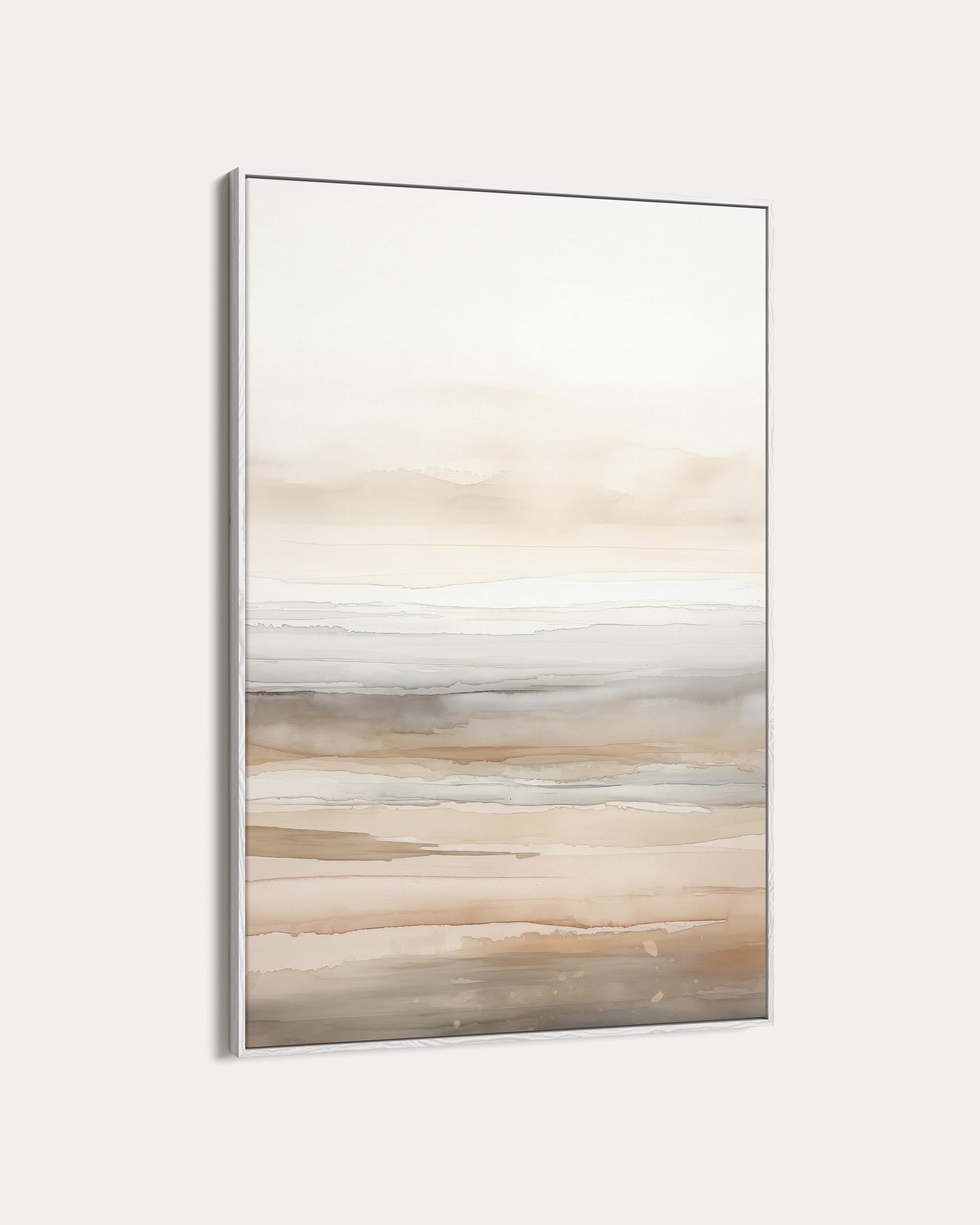 Abstract wall art with horizontal stripes in neutral colors on a white background