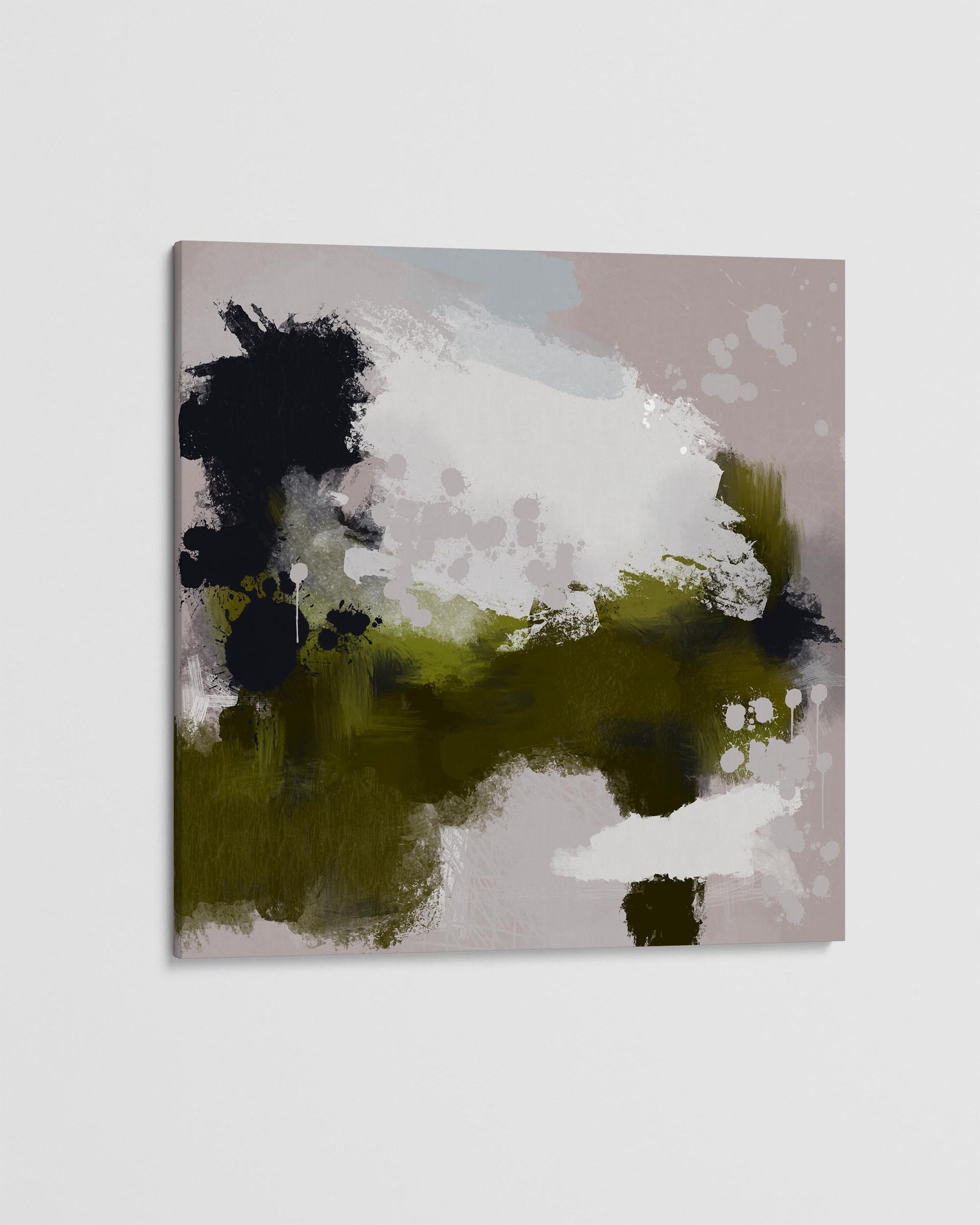 Abstract painting with black, white, and green on a beige background