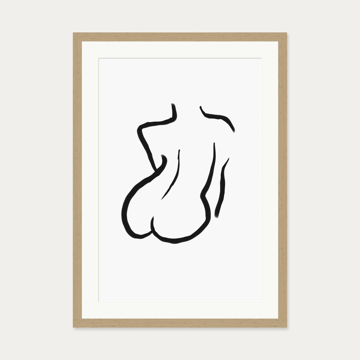 Woman's Back Mono Illustration Line Art Print — 50 x 70 cm — Oak Frame