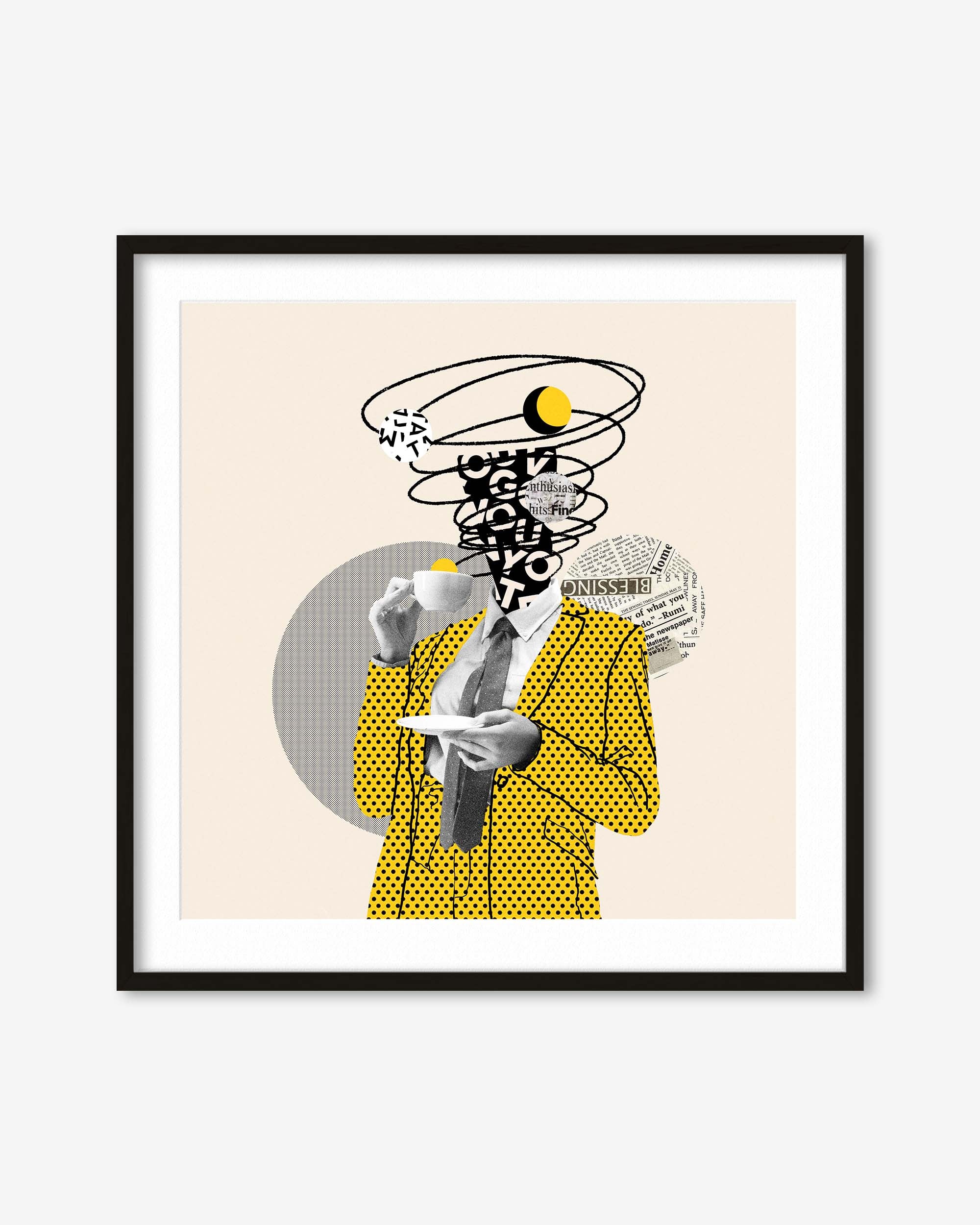 Framed artwork of a stylized person with a tornado-like head on a beige background