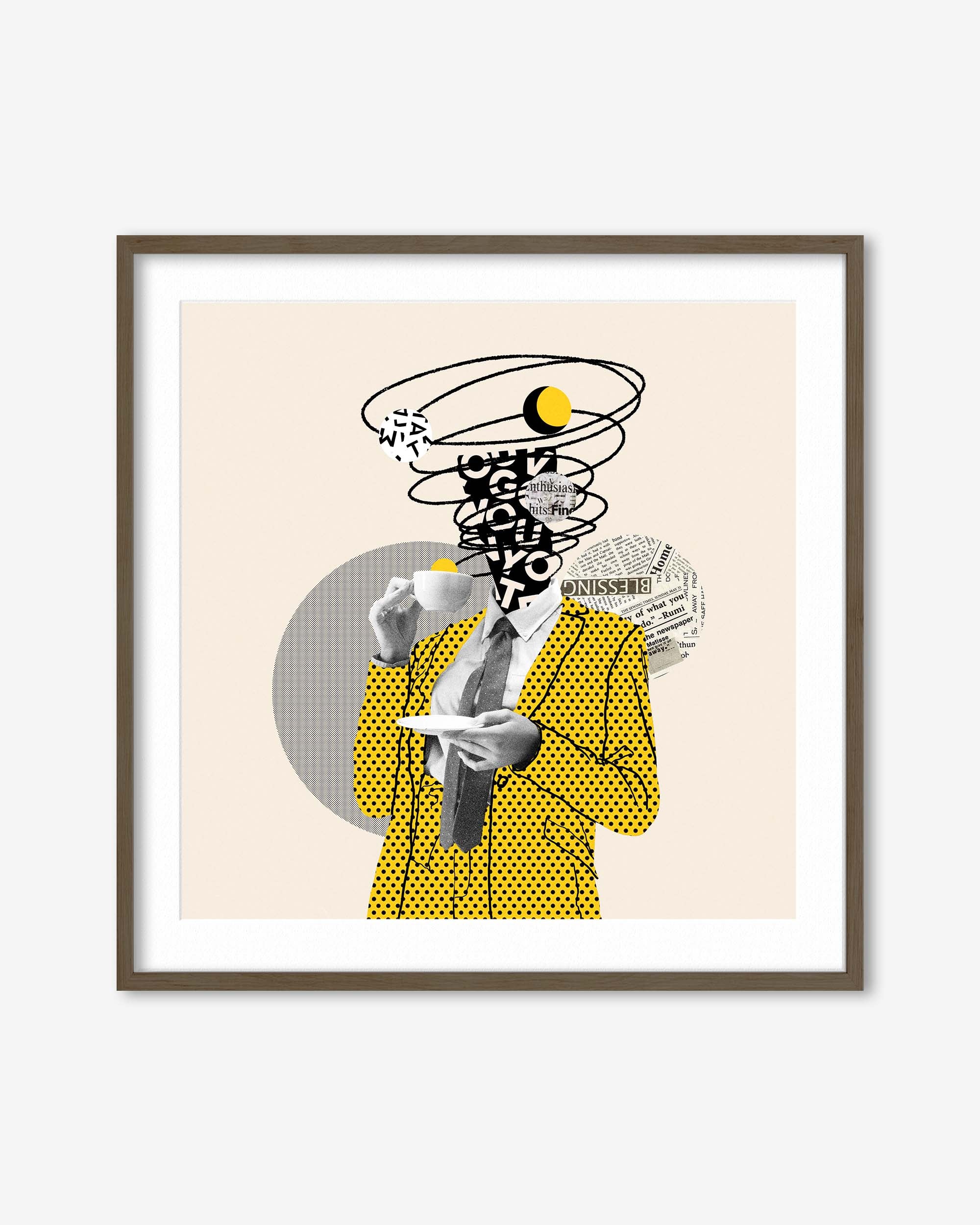 Framed artwork of a stylized person with a tornado-like head on a beige background