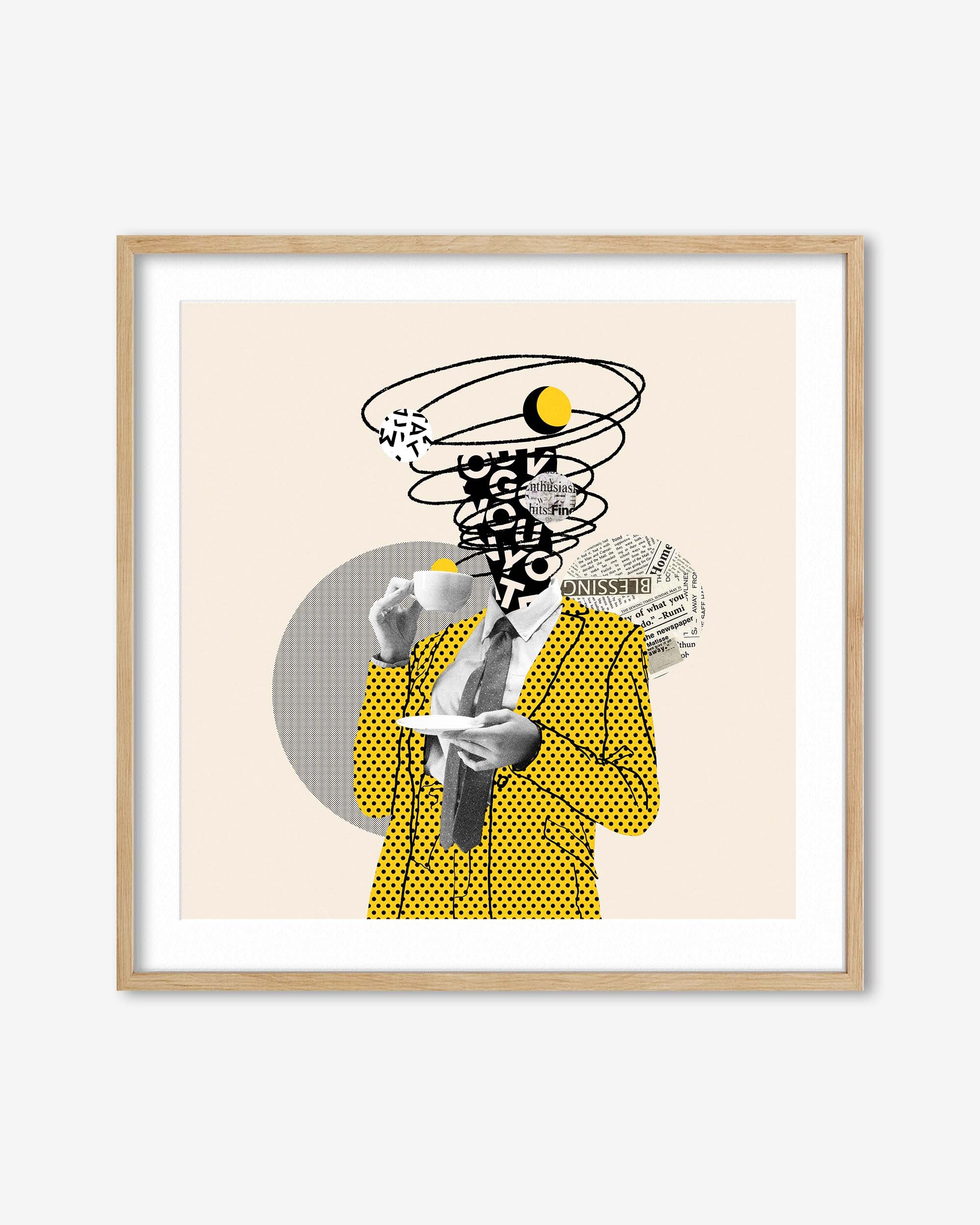 Framed artwork of a stylized figure with a yellow jacket and abstract elements on a beige background