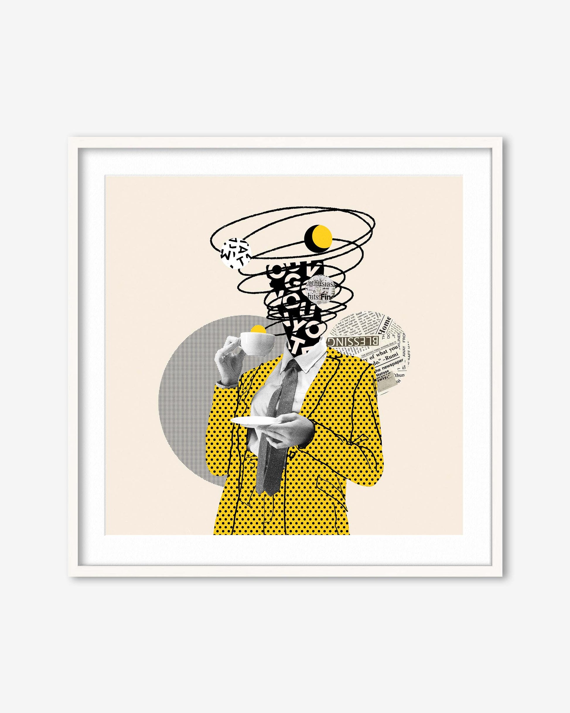 Framed artwork of a stylized person with a tornado-like head on a beige background