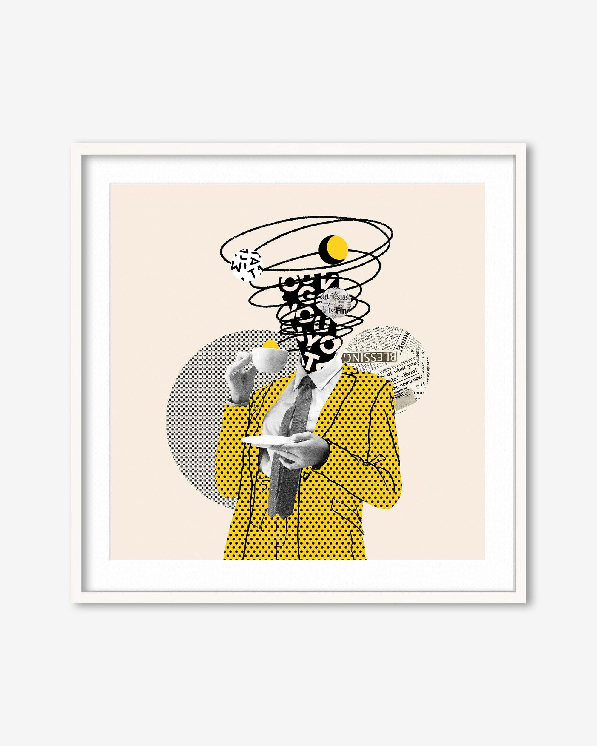 Framed artwork of a stylized person with a tornado-like head on a beige background