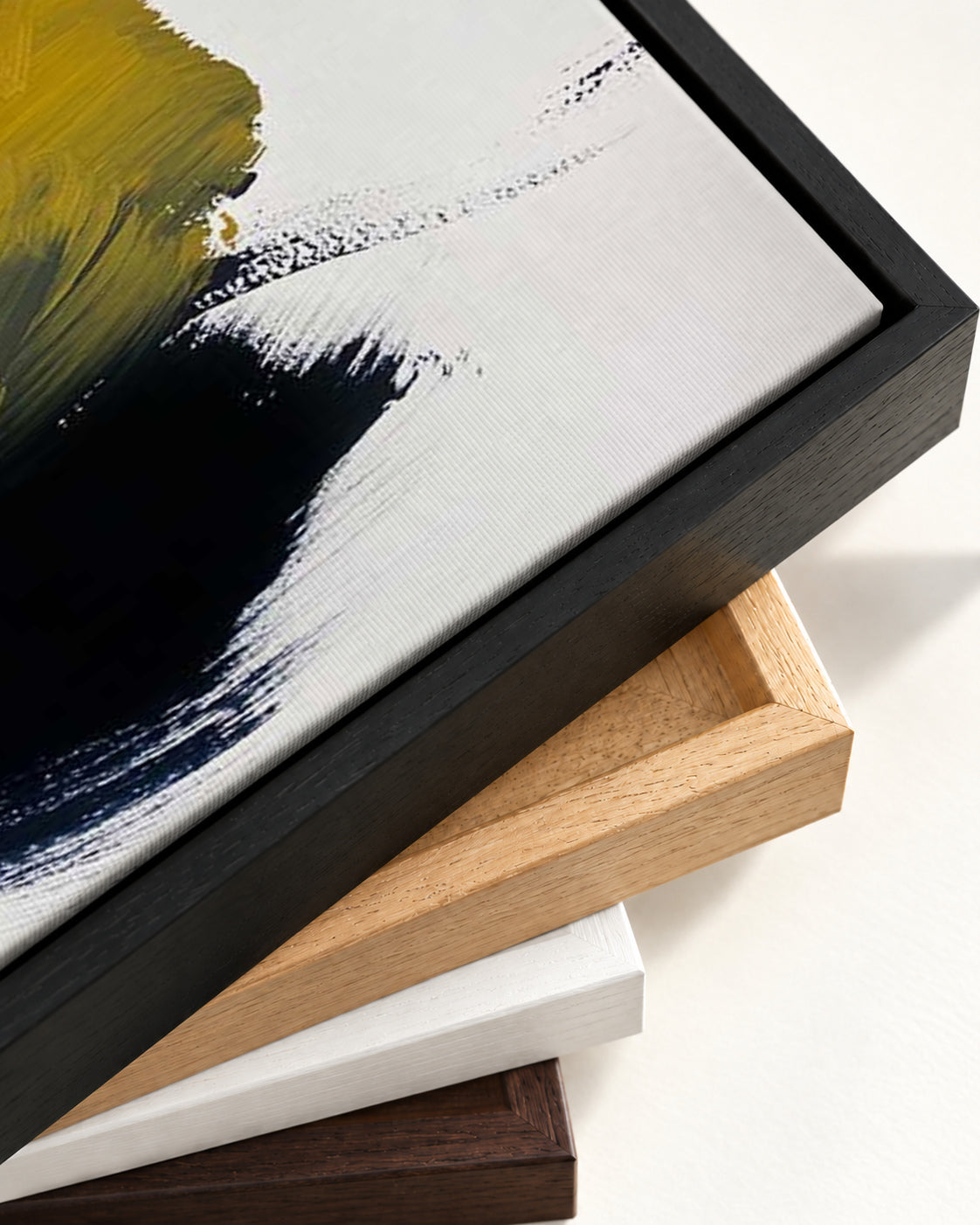 Yellow Ochre Strokes — framed canvas corner and wrapped canvas detail