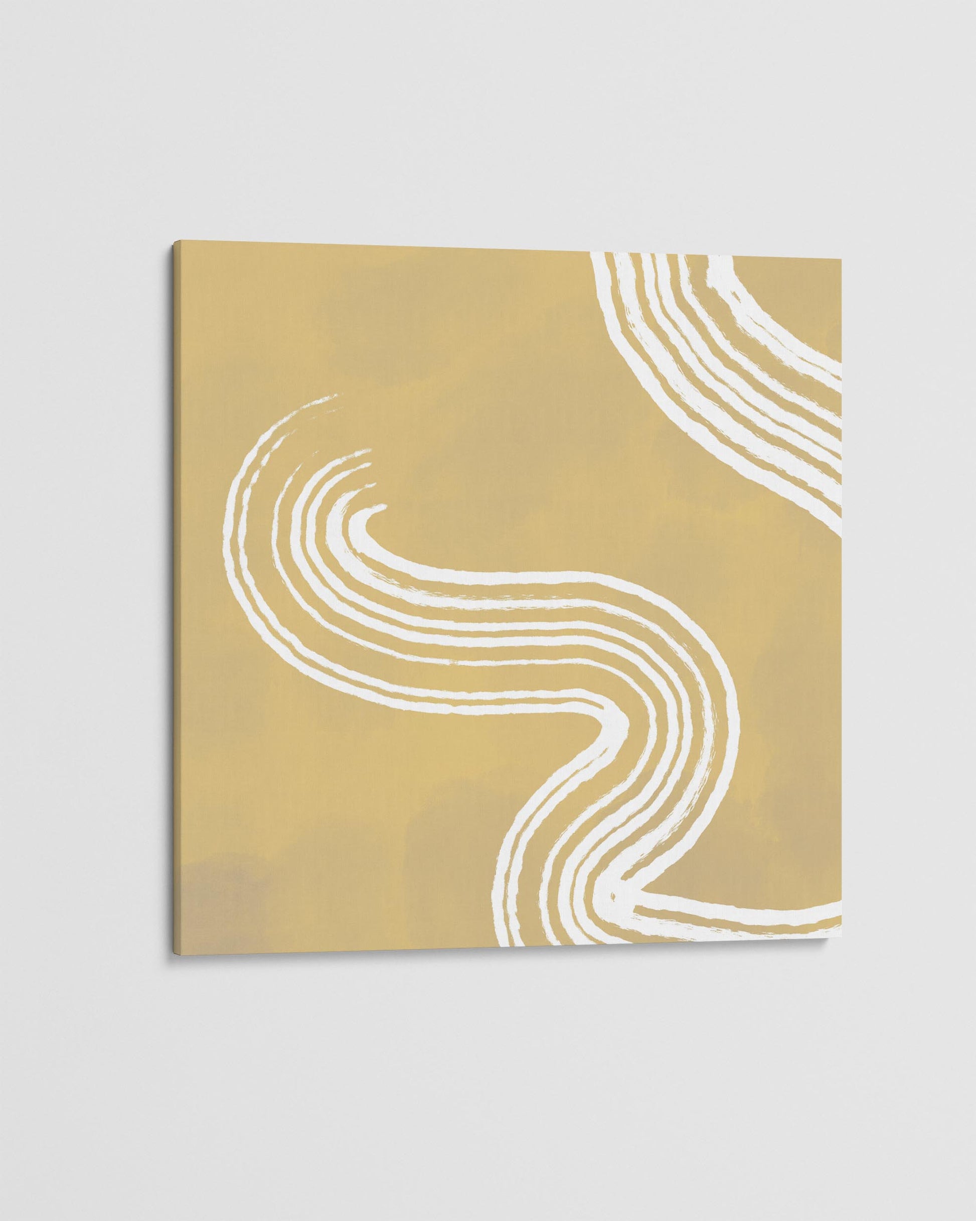 Abstract art piece with white curved lines on a beige background