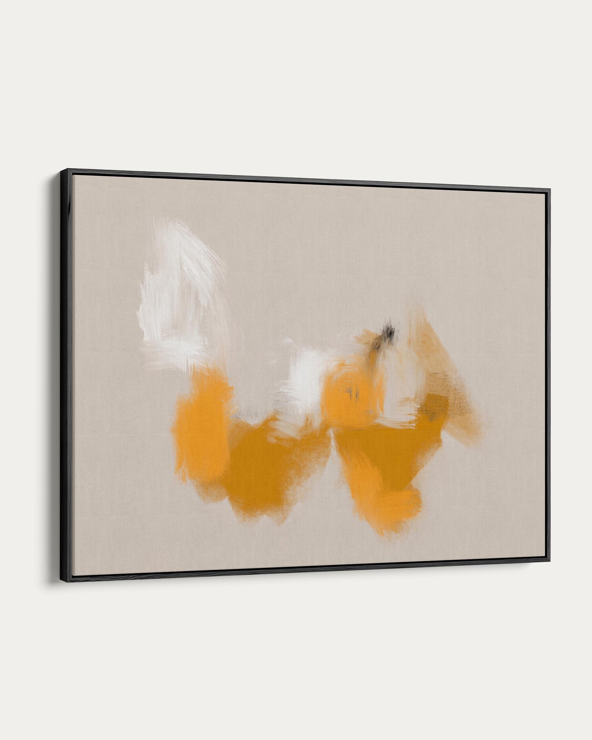 Abstract art piece with orange and white shapes on a beige background