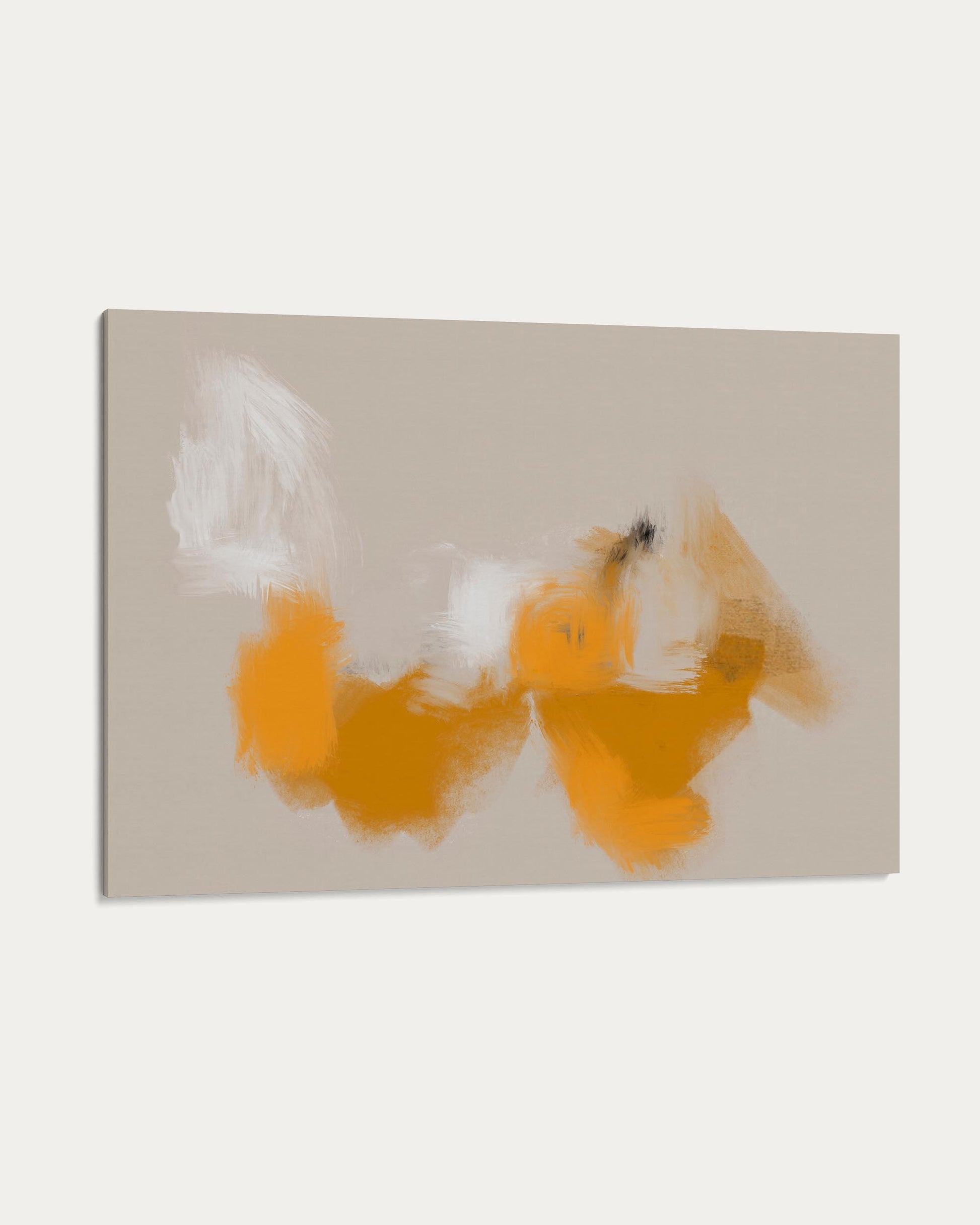 Abstract painting with orange and white shapes on a beige background