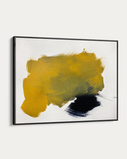 Abstract art piece with a large yellow brushstroke and smaller black brushstroke on a white background.