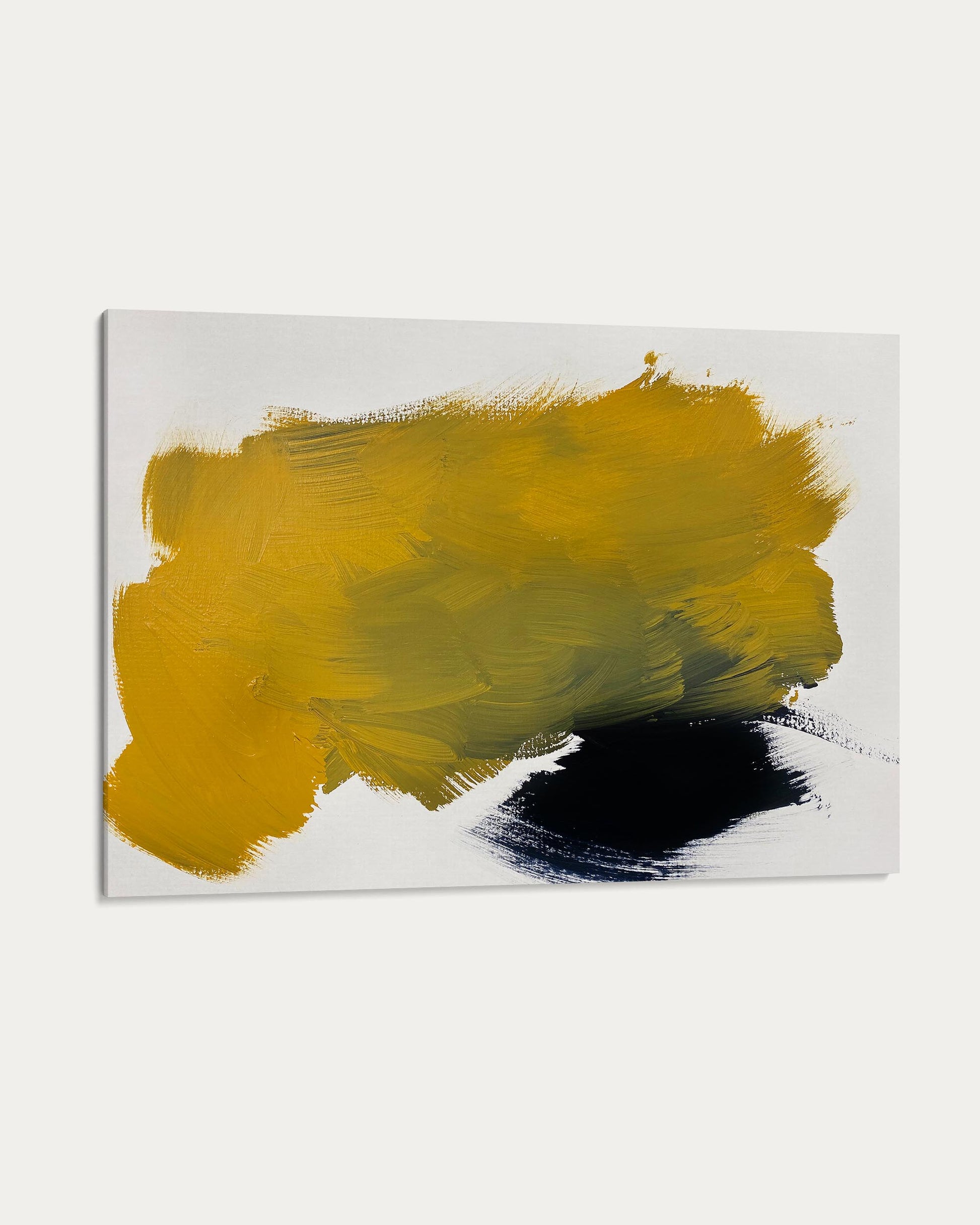 Abstract art piece with a large yellow brushstroke and a smaller black brushstroke on a white background.