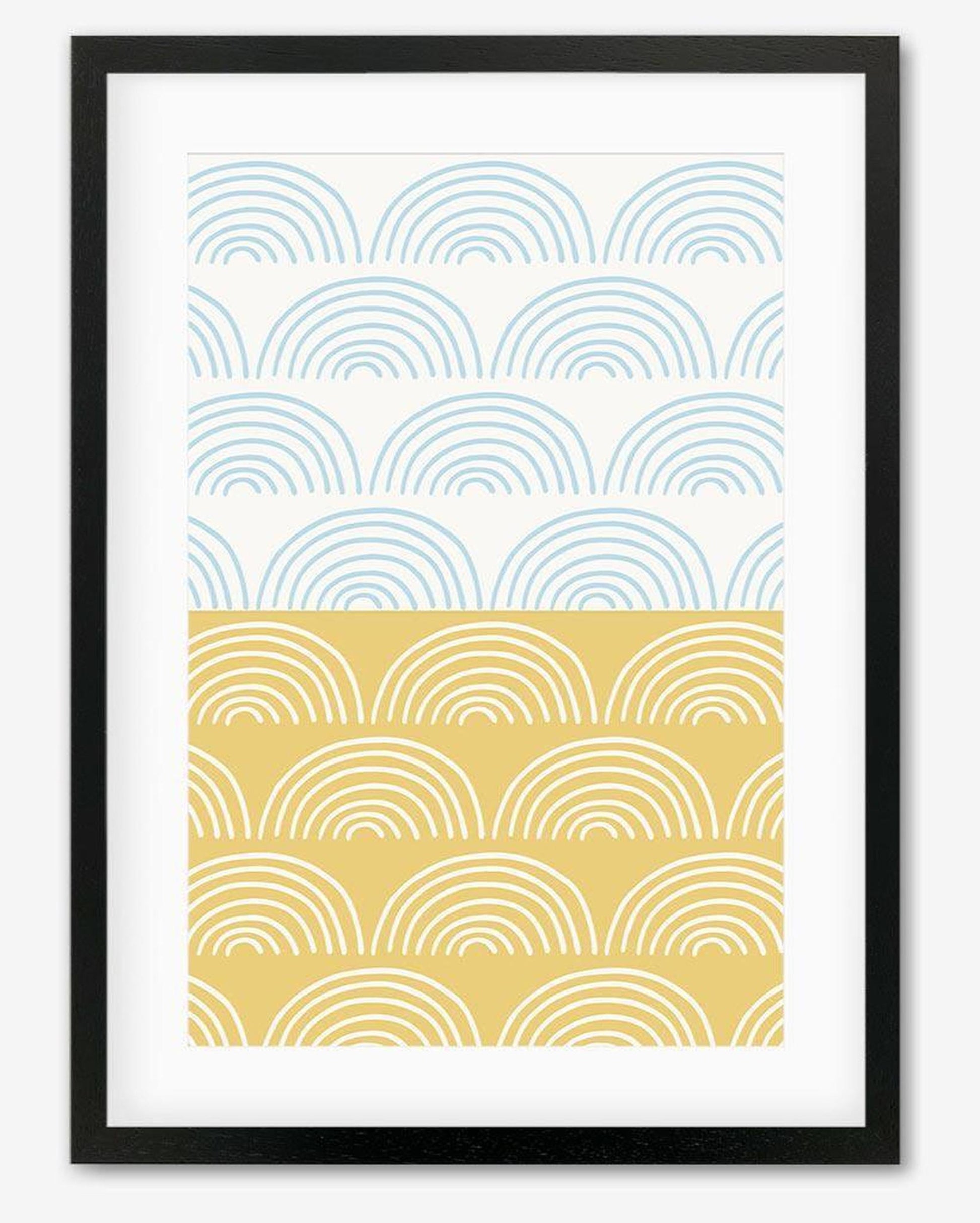 Framed artwork with a geometric pattern of blue and yellow arches on a white background