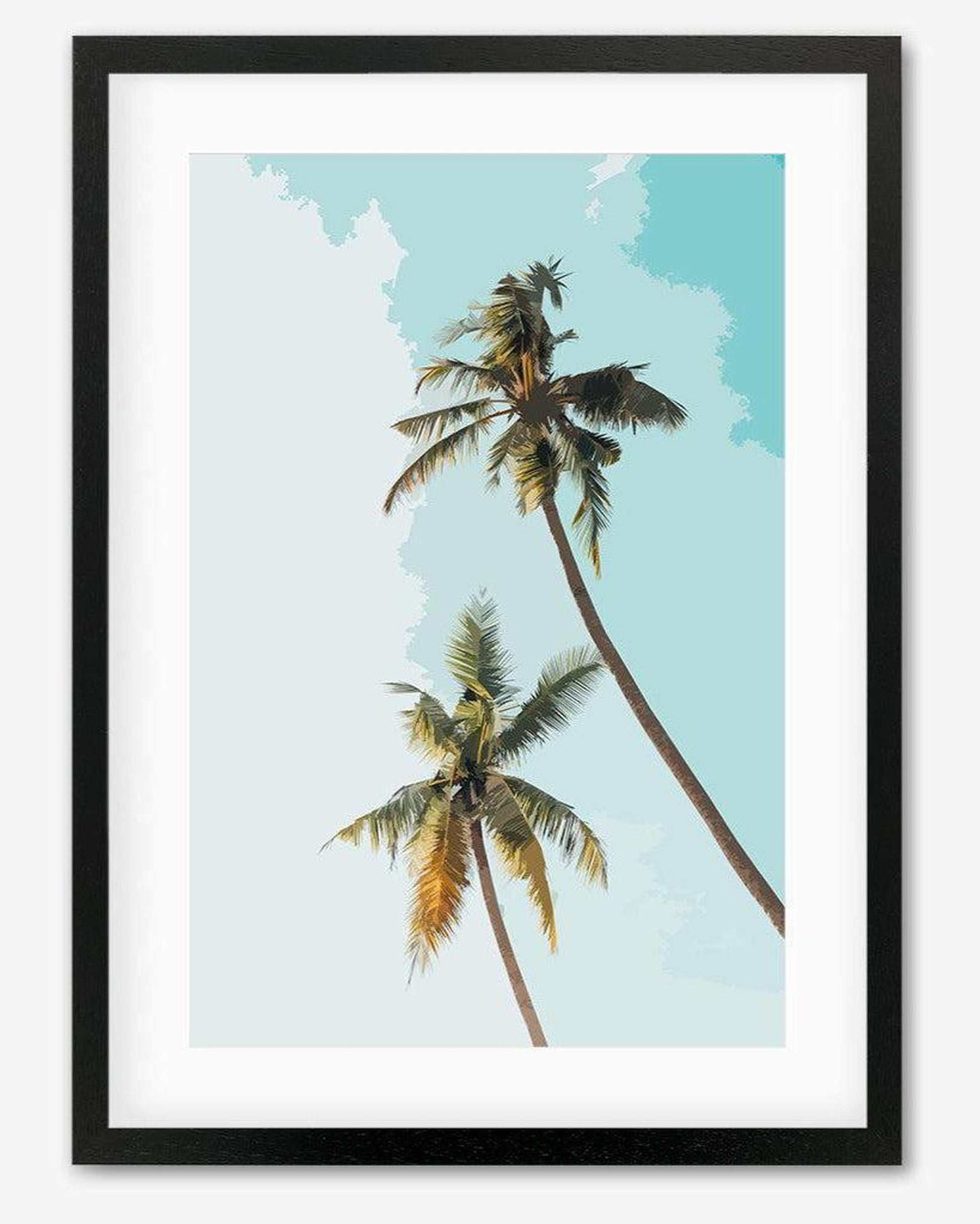 A framed artwork featuring a colorful illustration of palm trees against a blue sky and ocean background, mounted in a black frame.