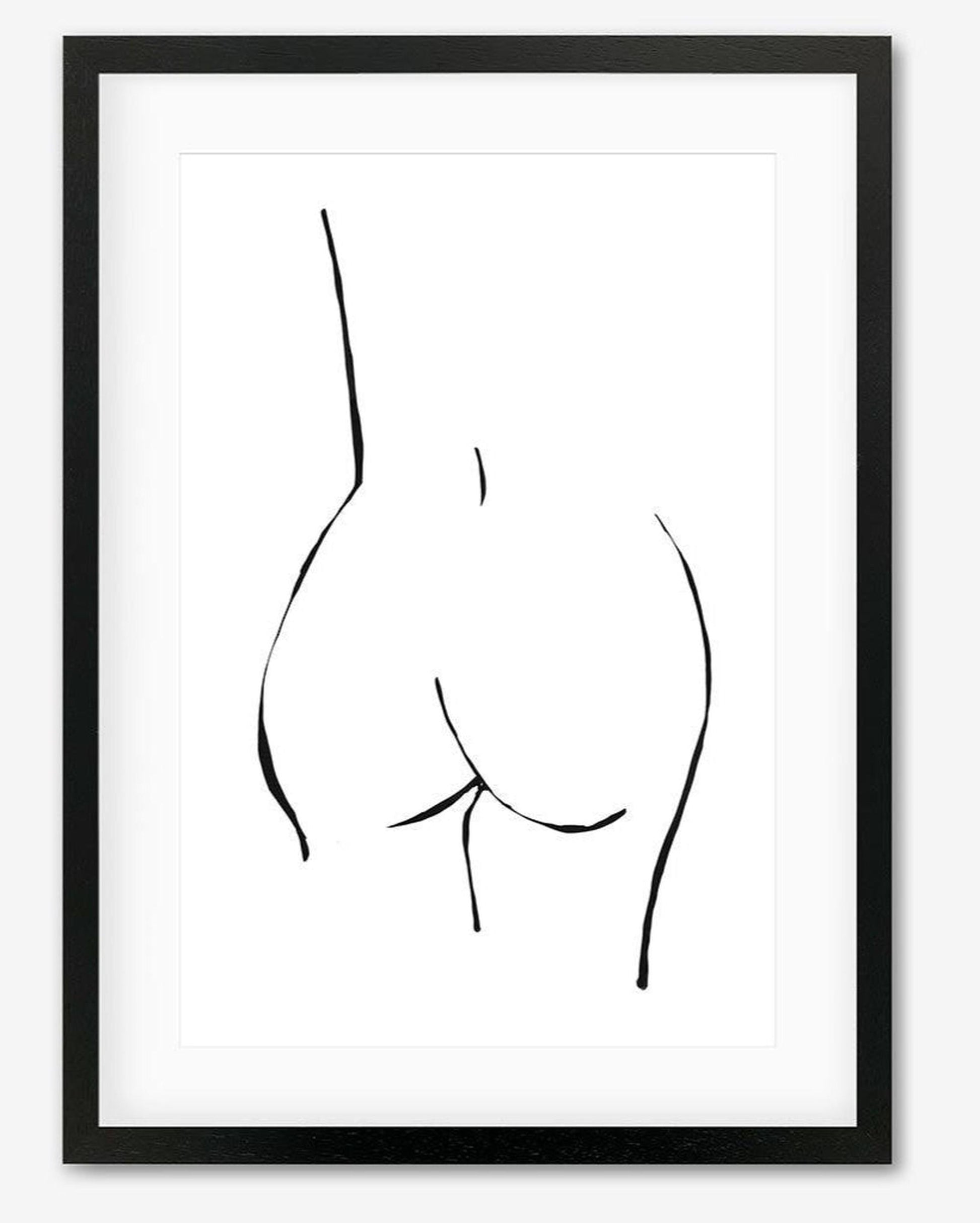 This image features a framed art piece that displays a minimalist line drawing of a nude female form. The artwork is presented in a stark black and white color scheme, enhancing the clean, elegant lines that define the figure.