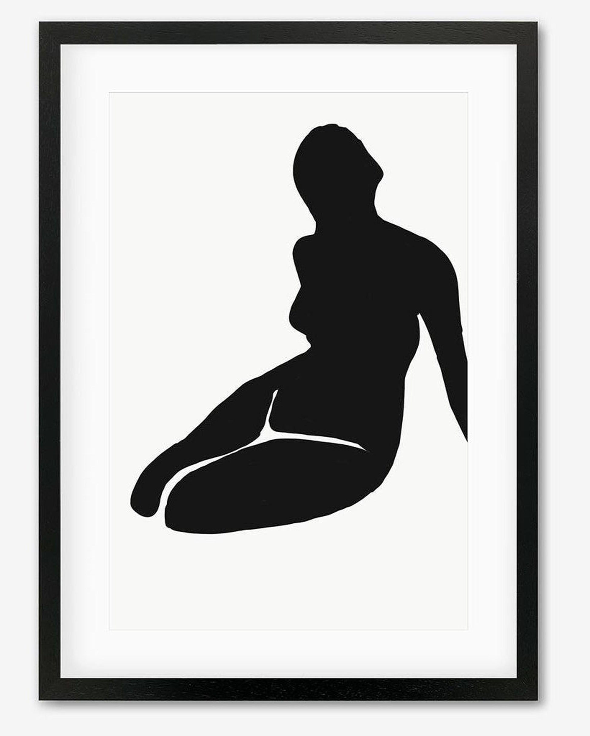 Black silhouette of a seated figure on a white background