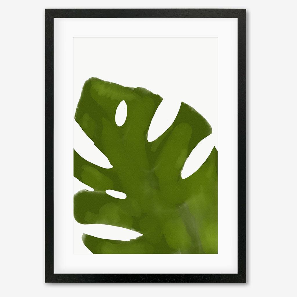Green Illustrated Leaf Art Print - Black Frame - Abstract House