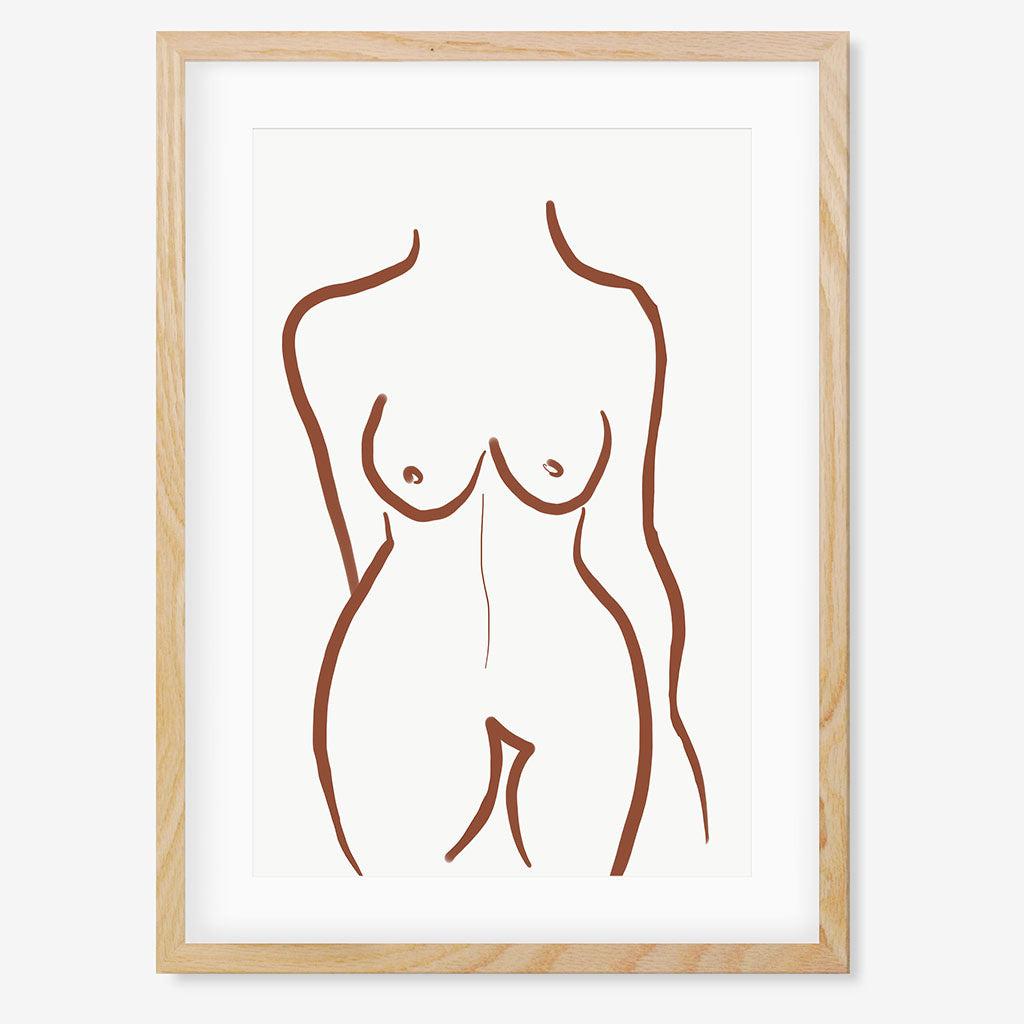 Female Nude Illustration Line Art Print - Oak Frame - Abstract House