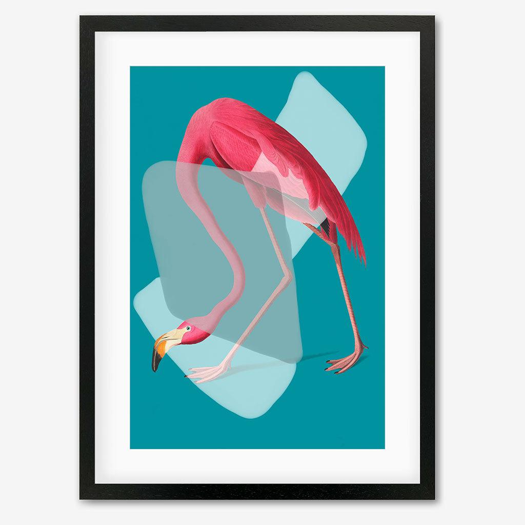 Pink Flamingo In Teal Pop Art Print - Black Frame - Abstract House