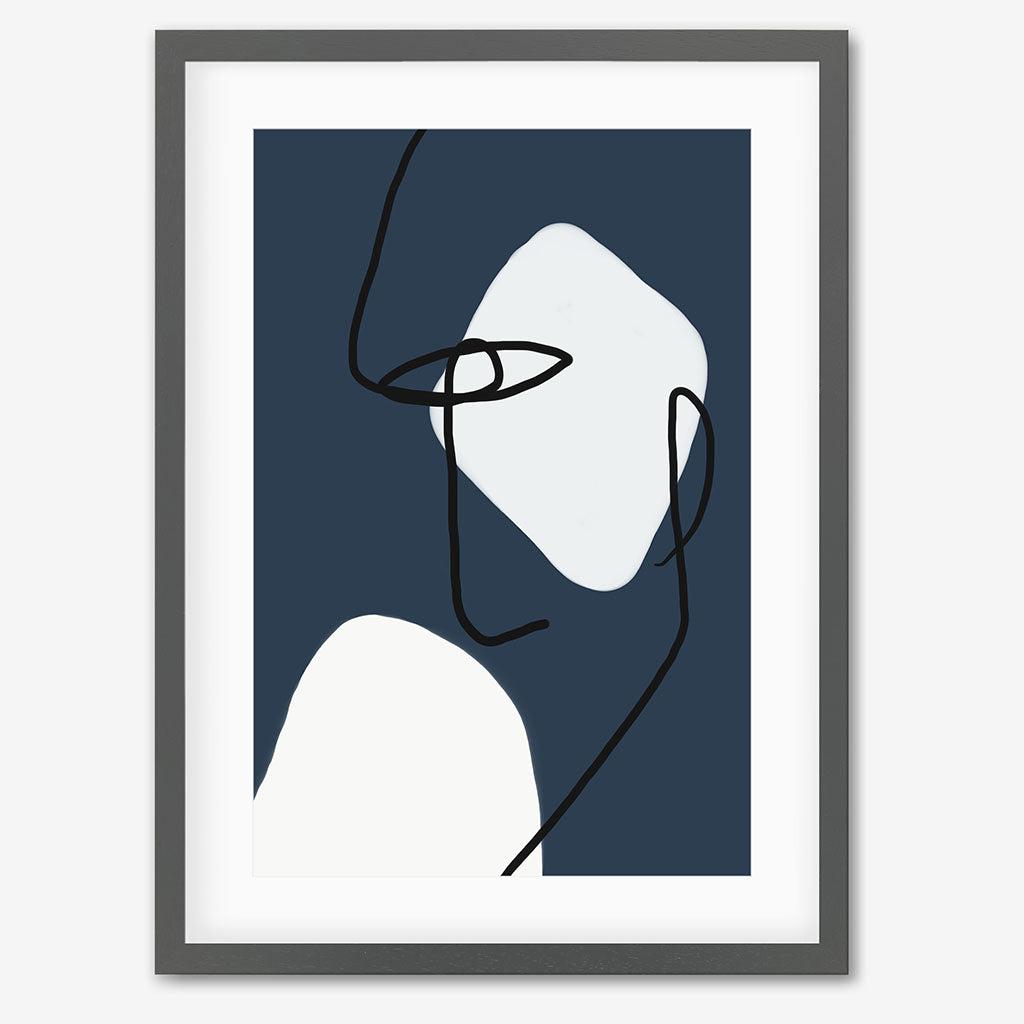 Navy Blues Line Art Print - Grey Frame - Abstract House