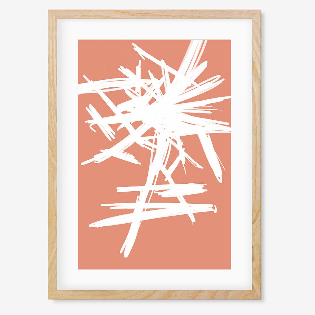White And Orange Sketch Art Print - Oak Frame - Abstract House