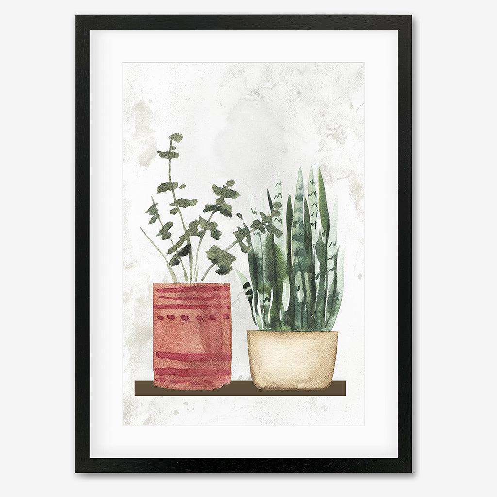 Watercolour Pair Of Potted Plants Art Print - Black Frame - Abstract House