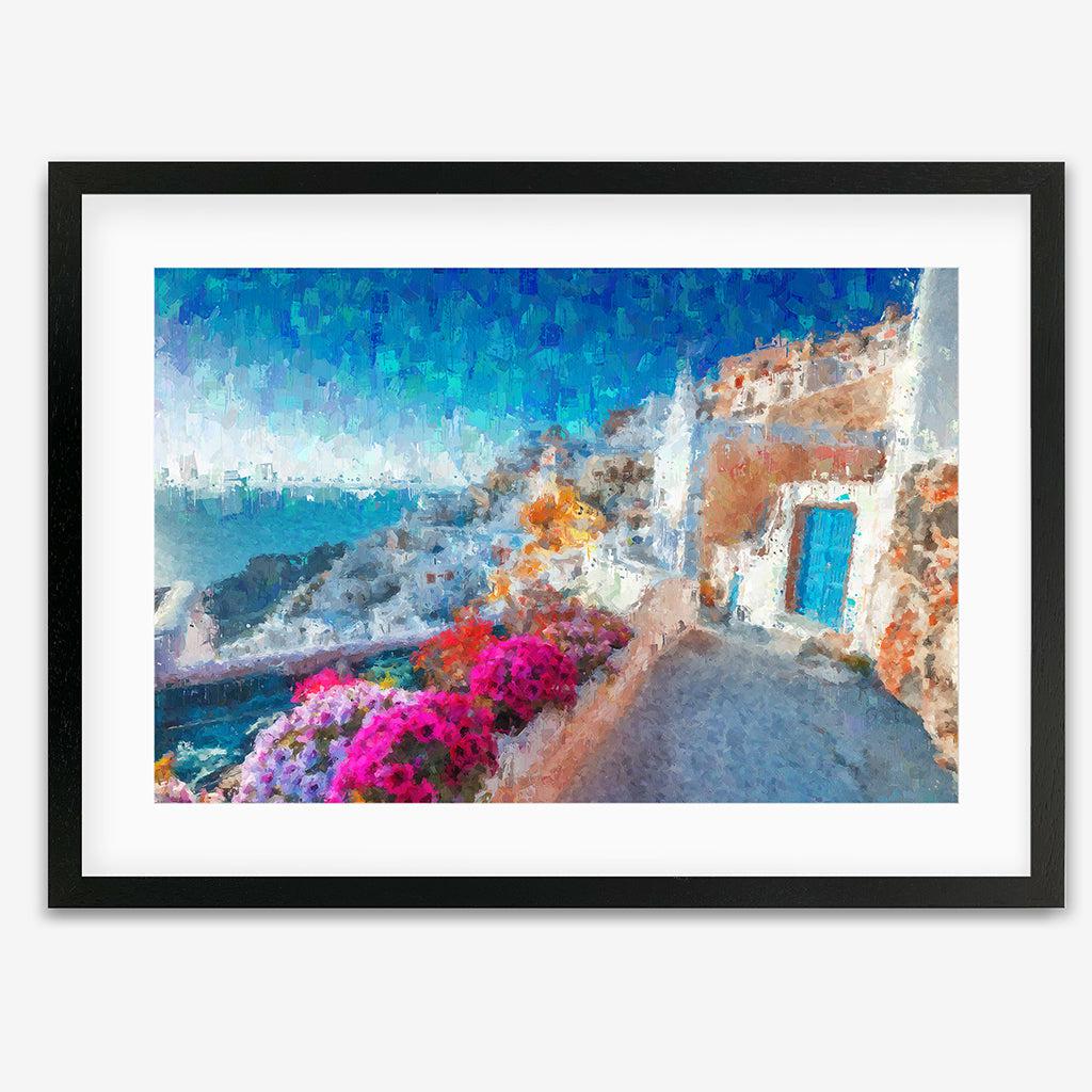 Santorini View Over The Bay Art Print - Black Frame - Abstract House