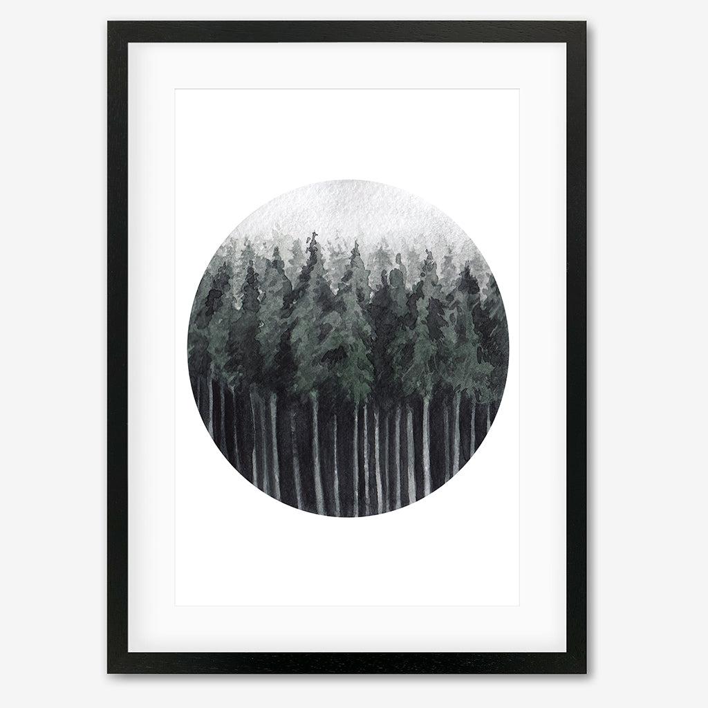 Green Watercolour Forest Art Print - Black Frame - Abstract House