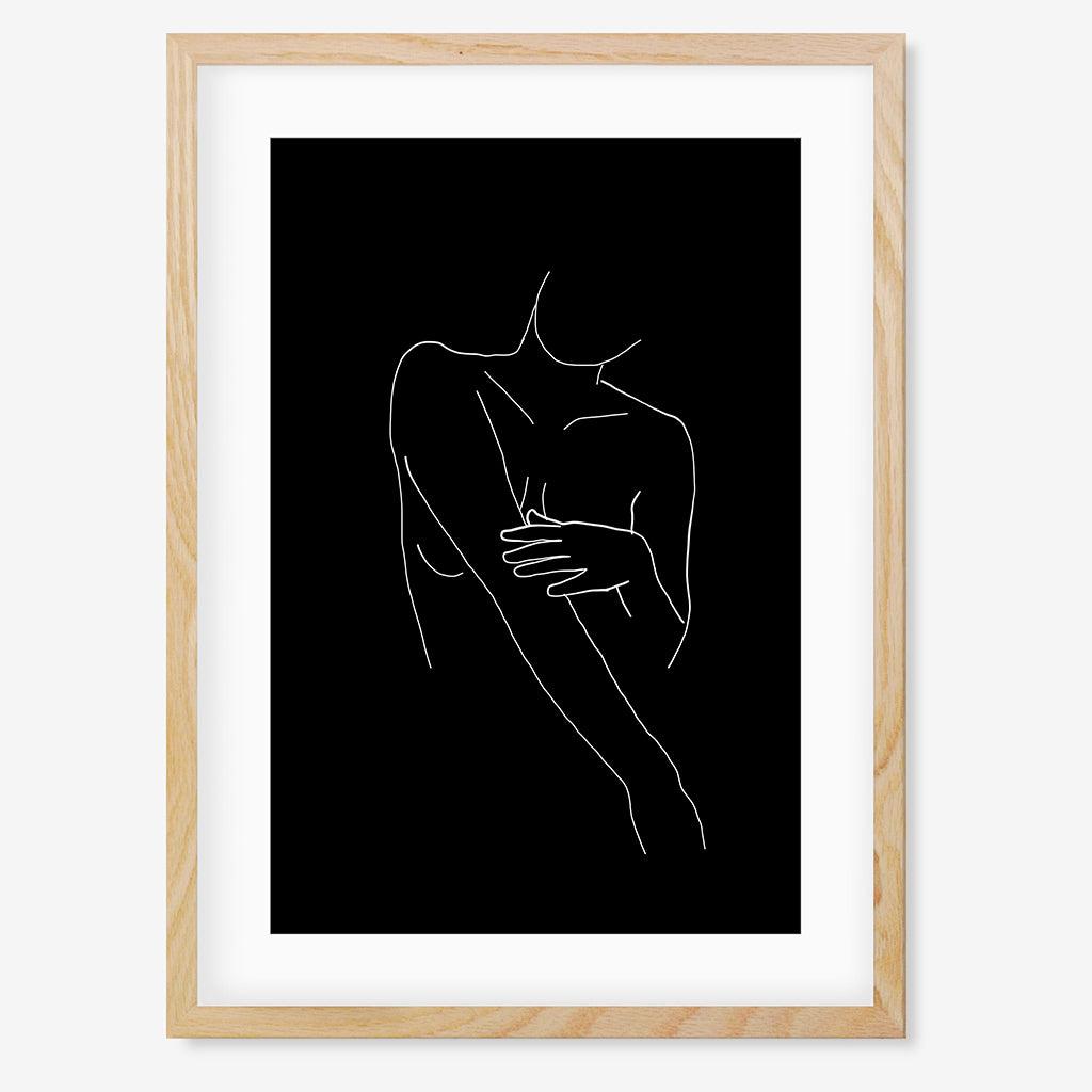 Black On White Female Line Drawing Art Print - Oak Frame - Abstract House