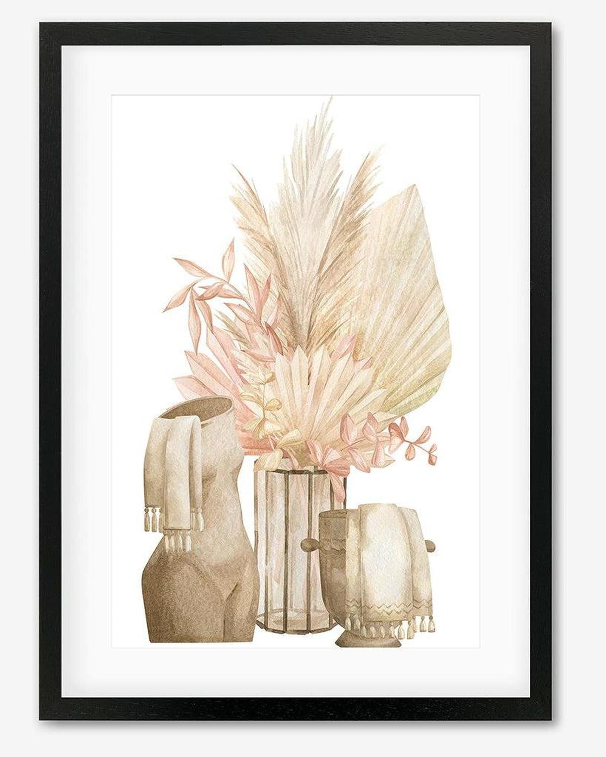 Pampas Watercolour Framed Art - Black Frame - Abstract House