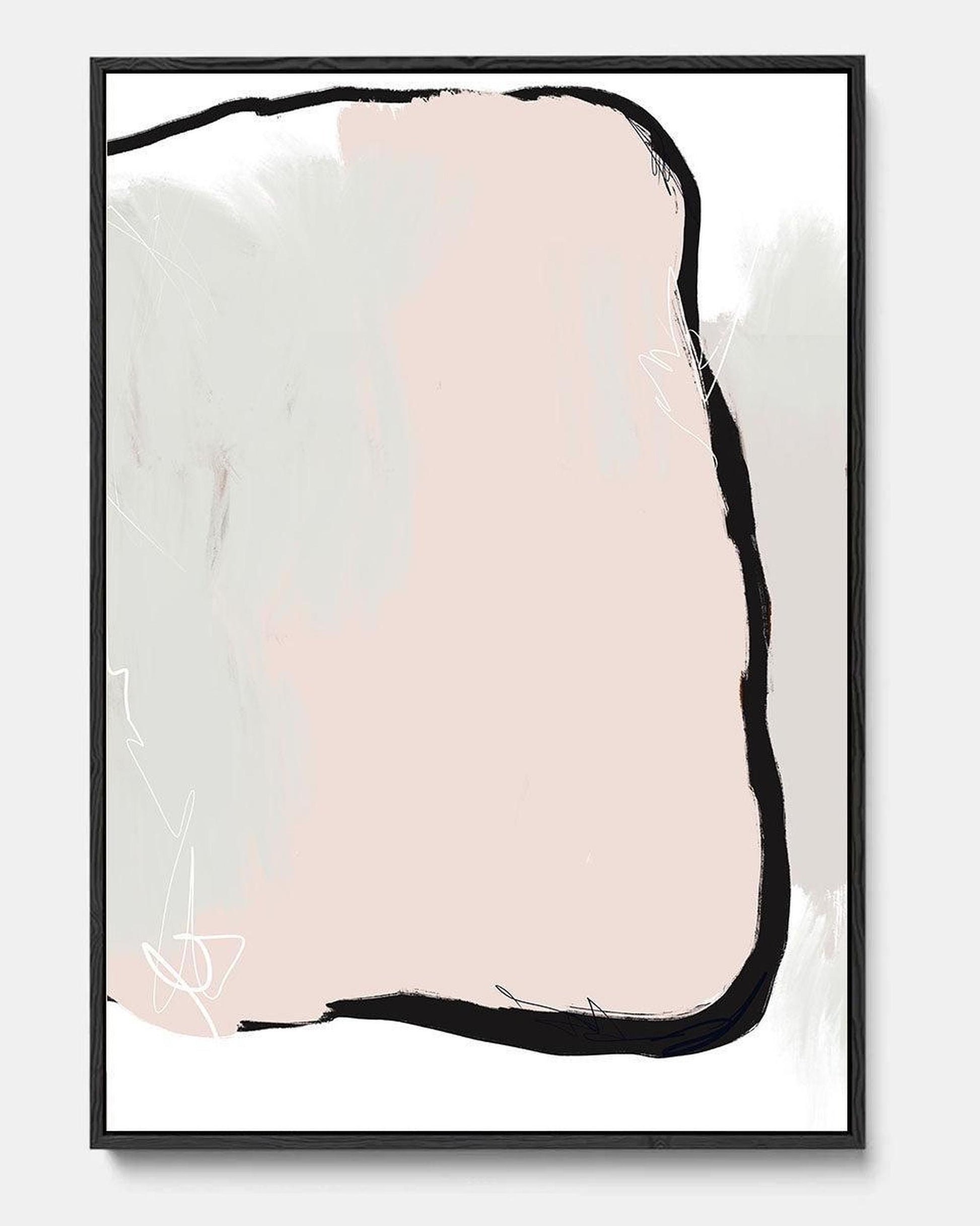 Framed abstract art with pink and white brush strokes on a light gray background