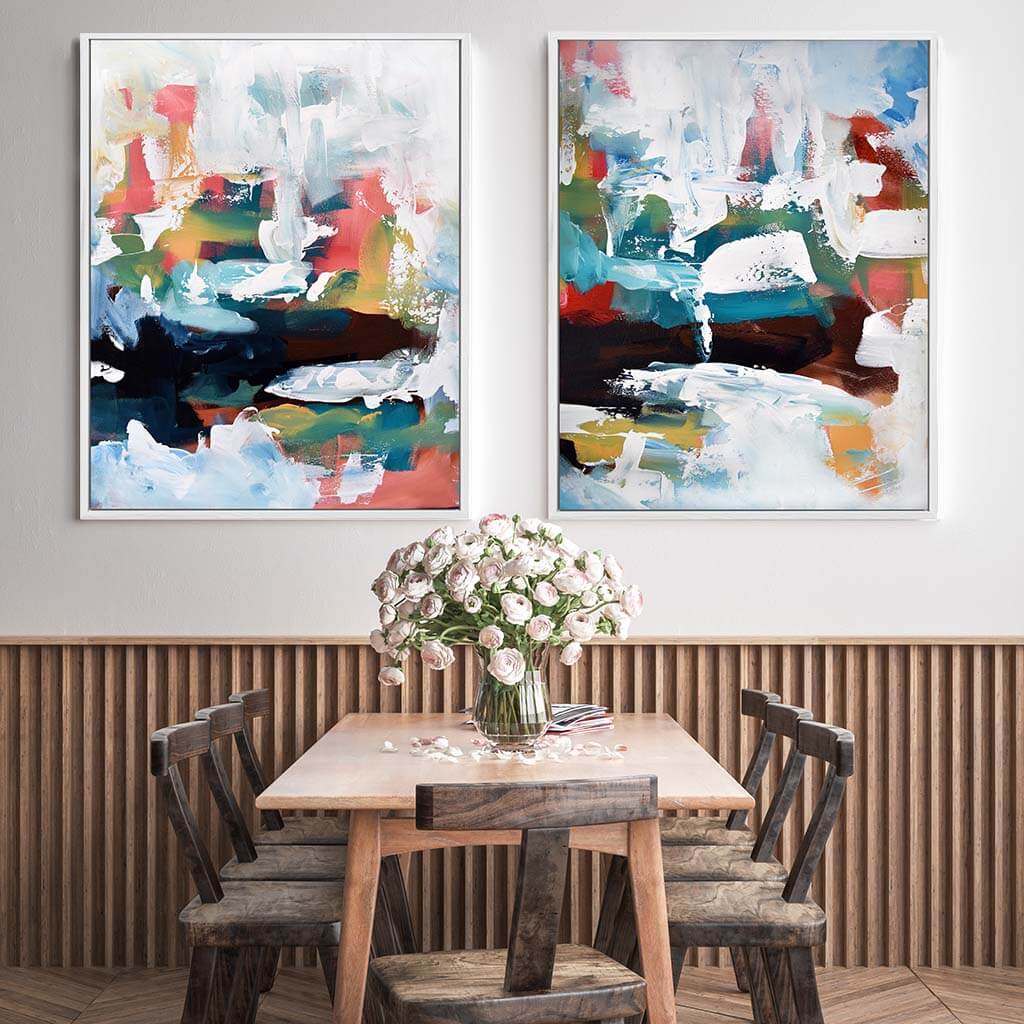 Modern blue and coral abstract art painting print on canvas. Set of 2 all art prints. interior decor made in England. Sustainable art.