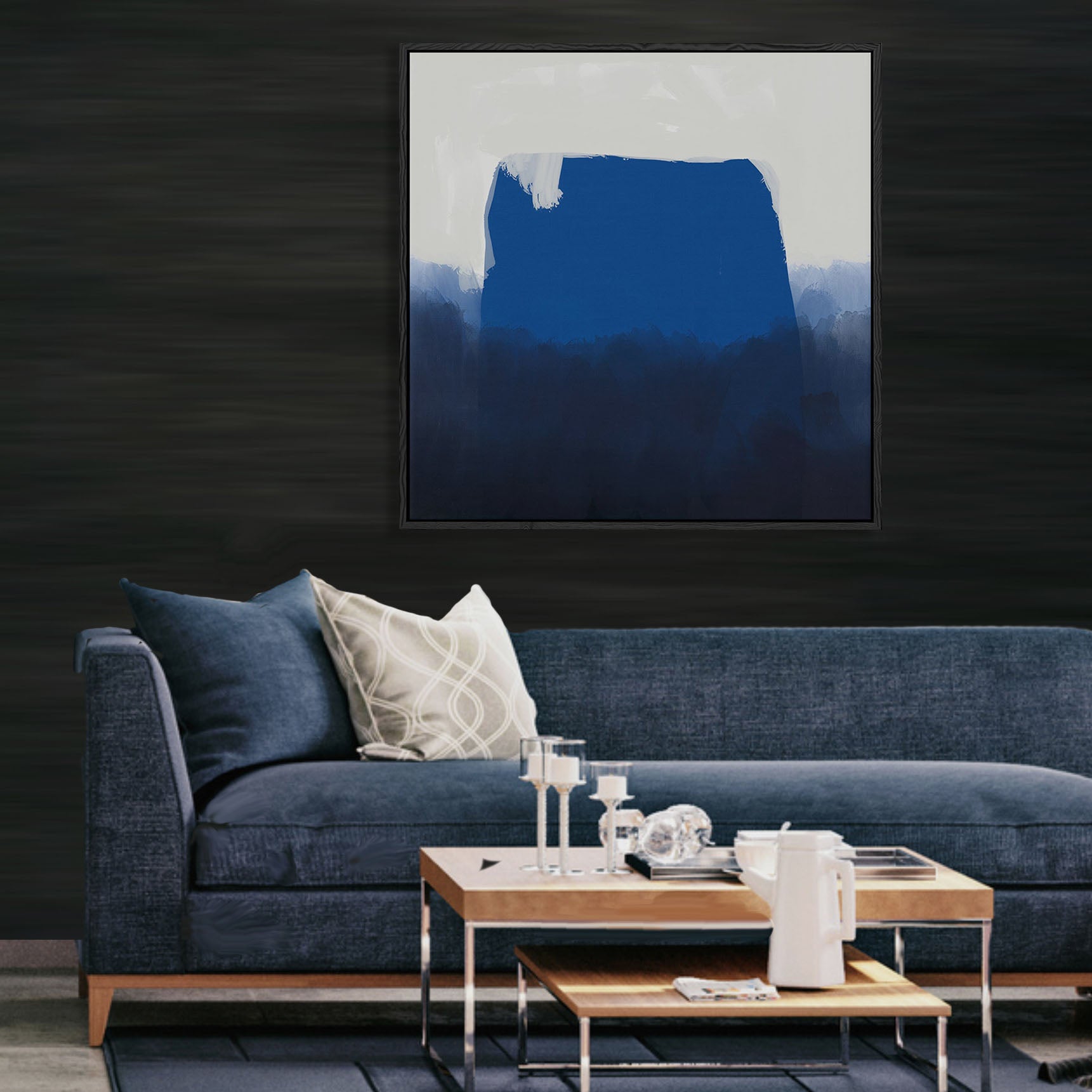 Blue Brush Strokes Framed Canvas-framed-Square Canvas Prints-Abstract House