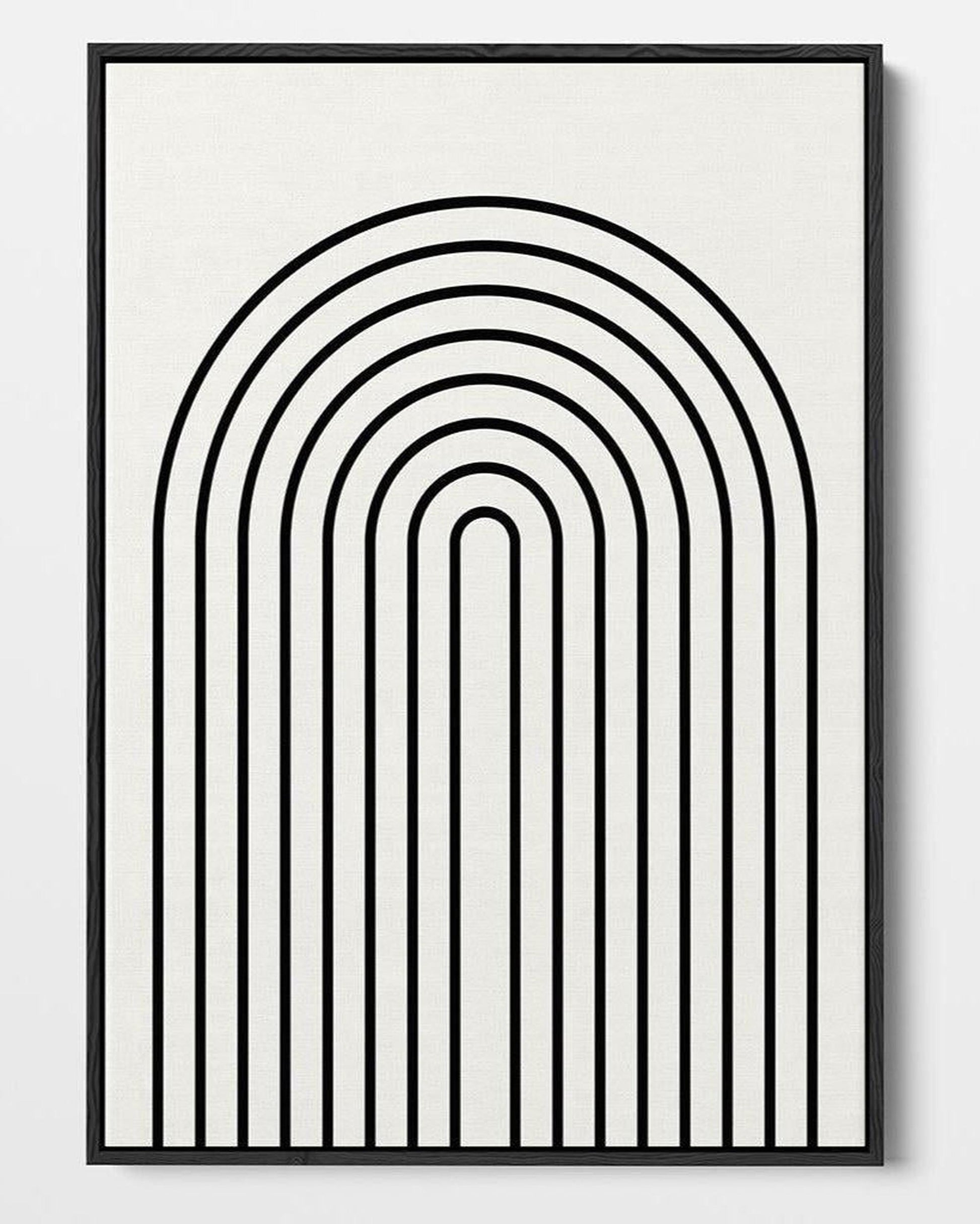 Framed artwork with black and white arch-shaped line design on a white background
