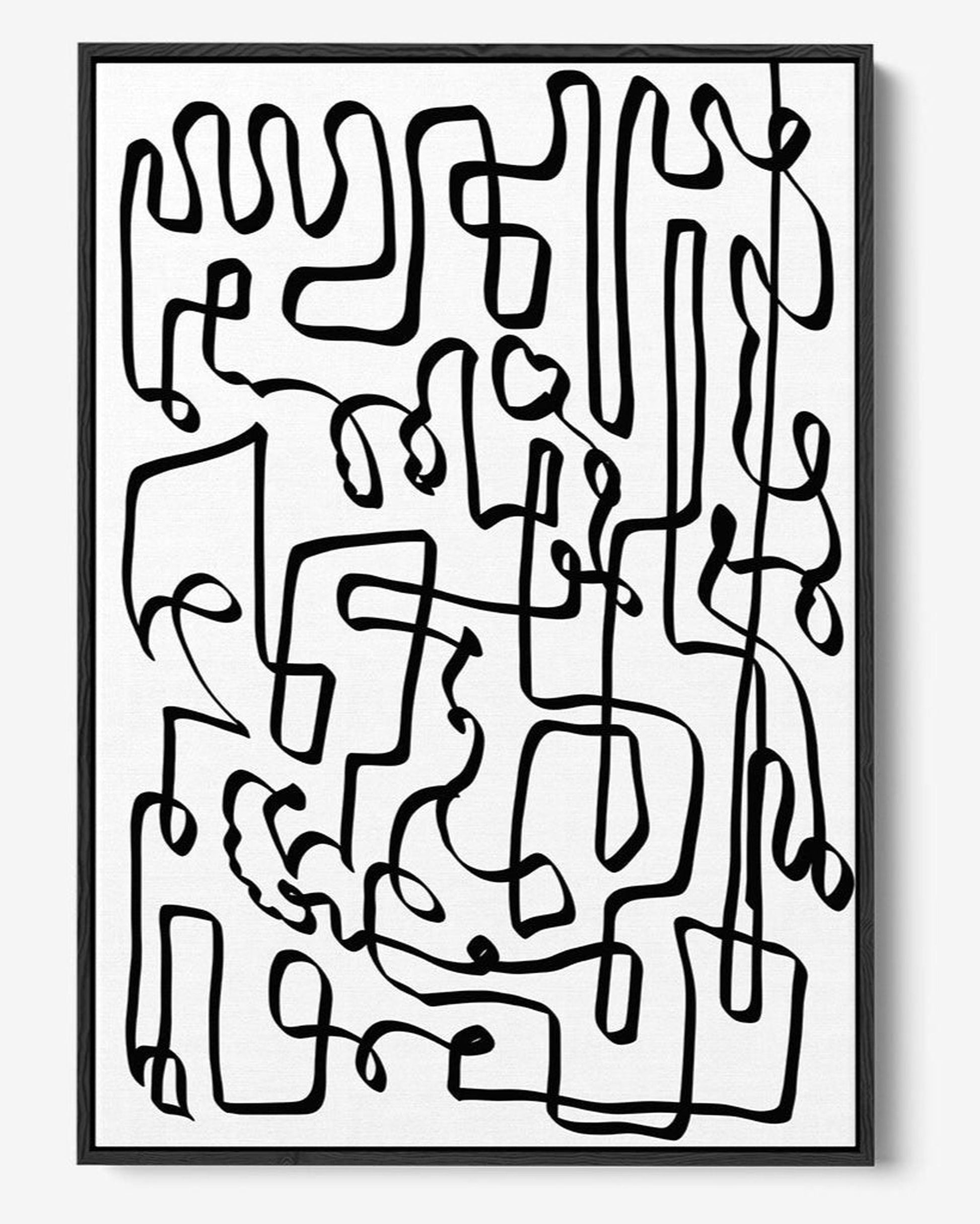 Curved Black Lines Framed Canvas - Black - Abstract House