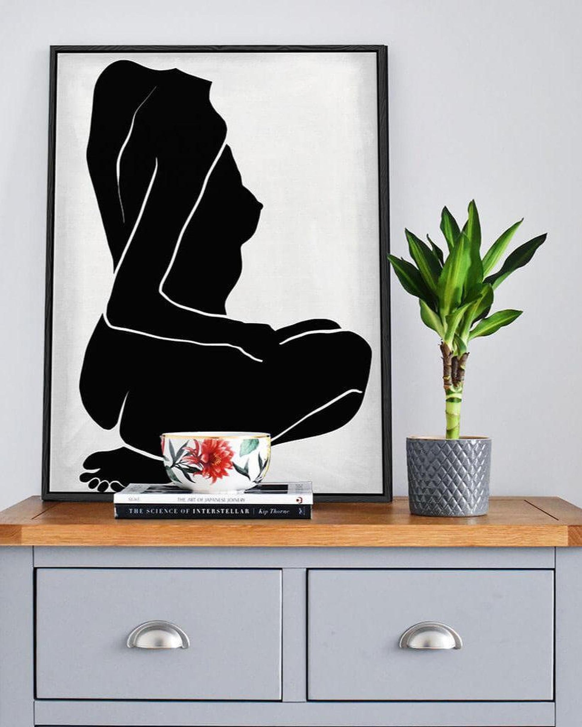 Framed black and white silhouette art on a wooden shelf with a plant and books.