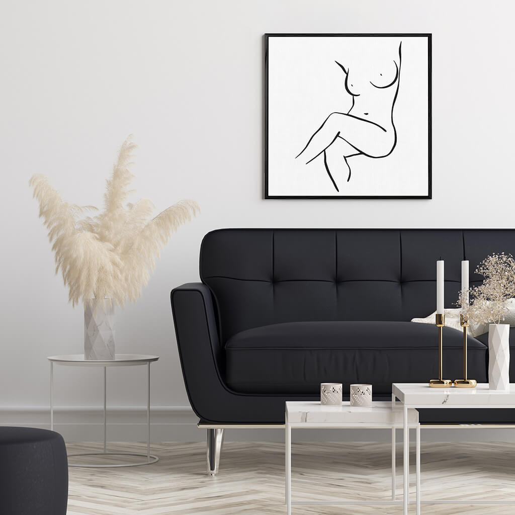 Seated Nude Line Figure Framed Canvas - - Abstract House