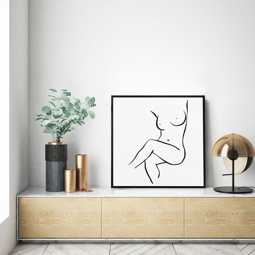 Seated Nude Line Figure Framed Canvas - - Abstract House