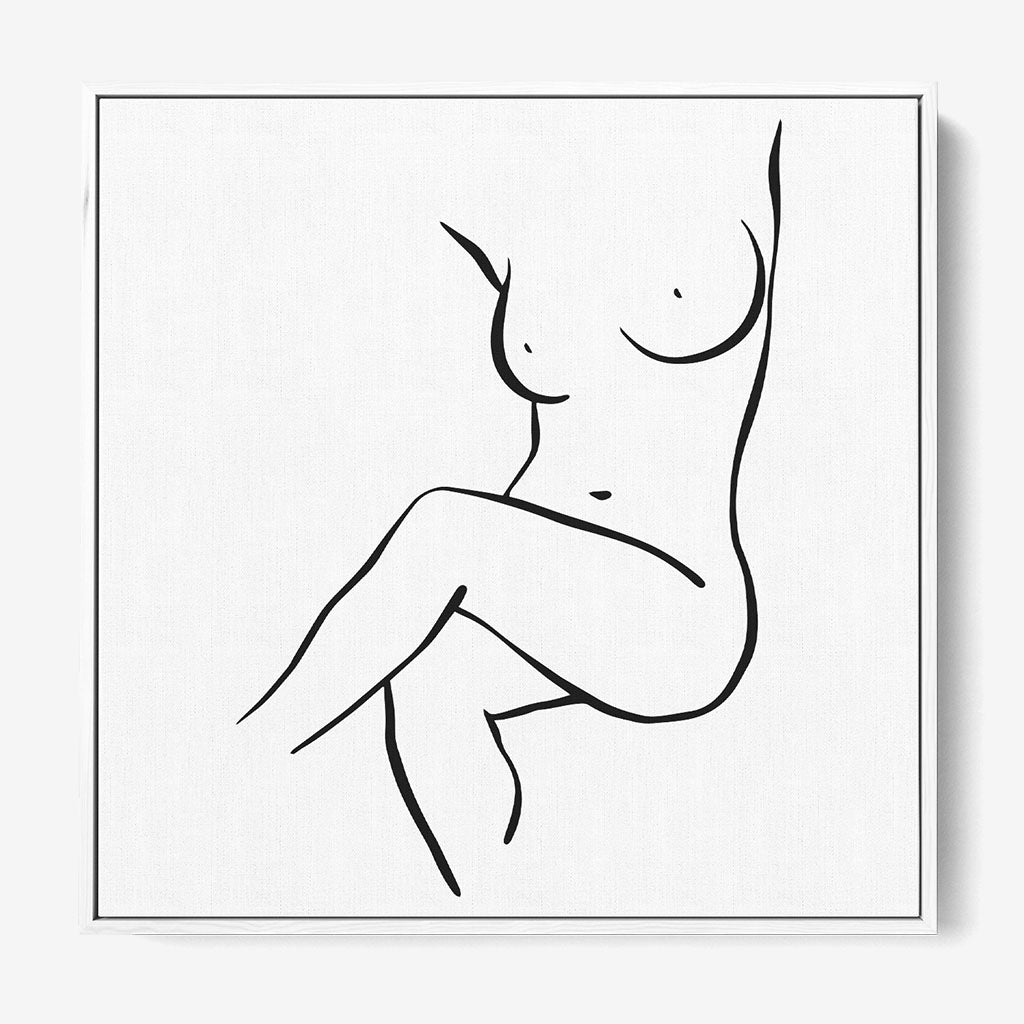 Seated Nude Line Figure Framed Canvas - White Frame - Abstract House