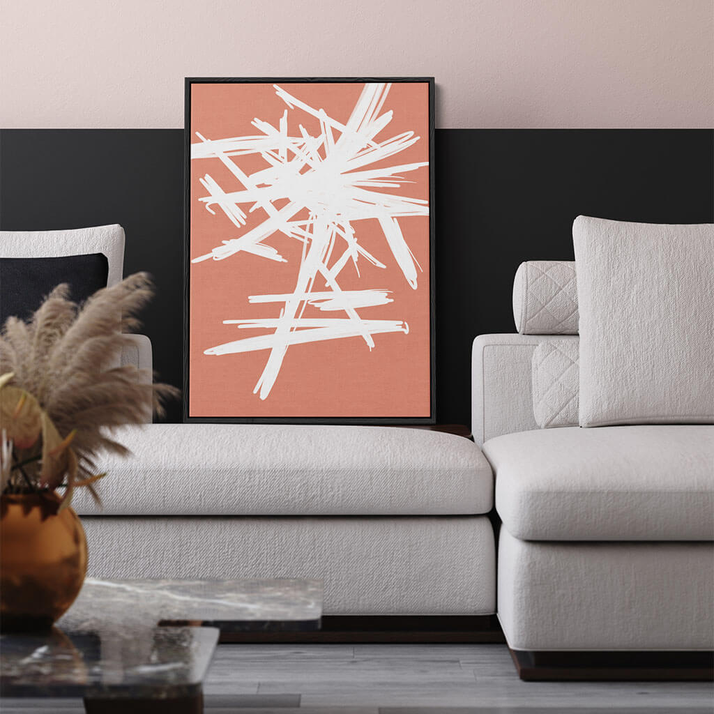 White And Orange Sketch Framed Canvas - - Abstract House