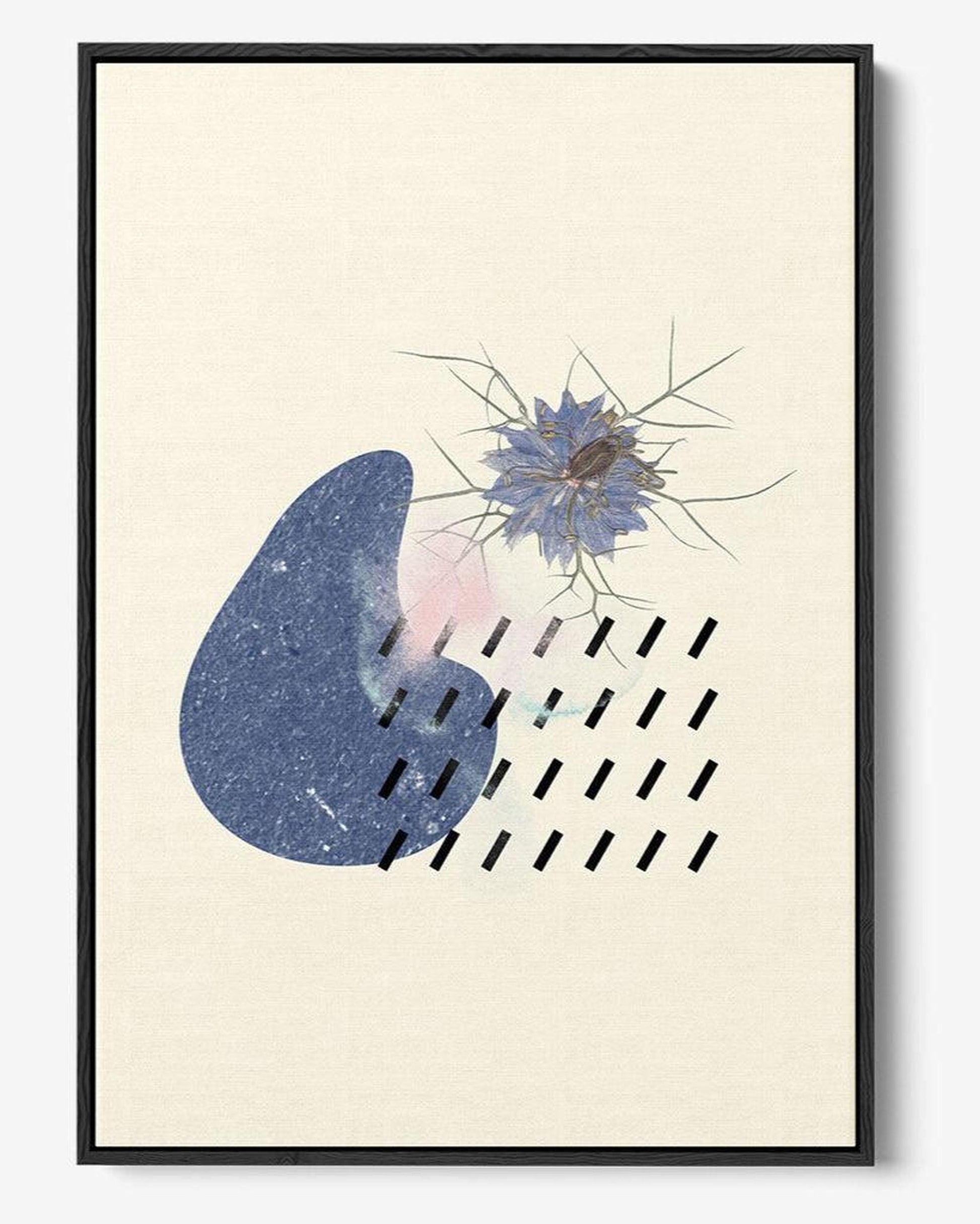 Framed abstract art print with blue and pink shapes on a beige background