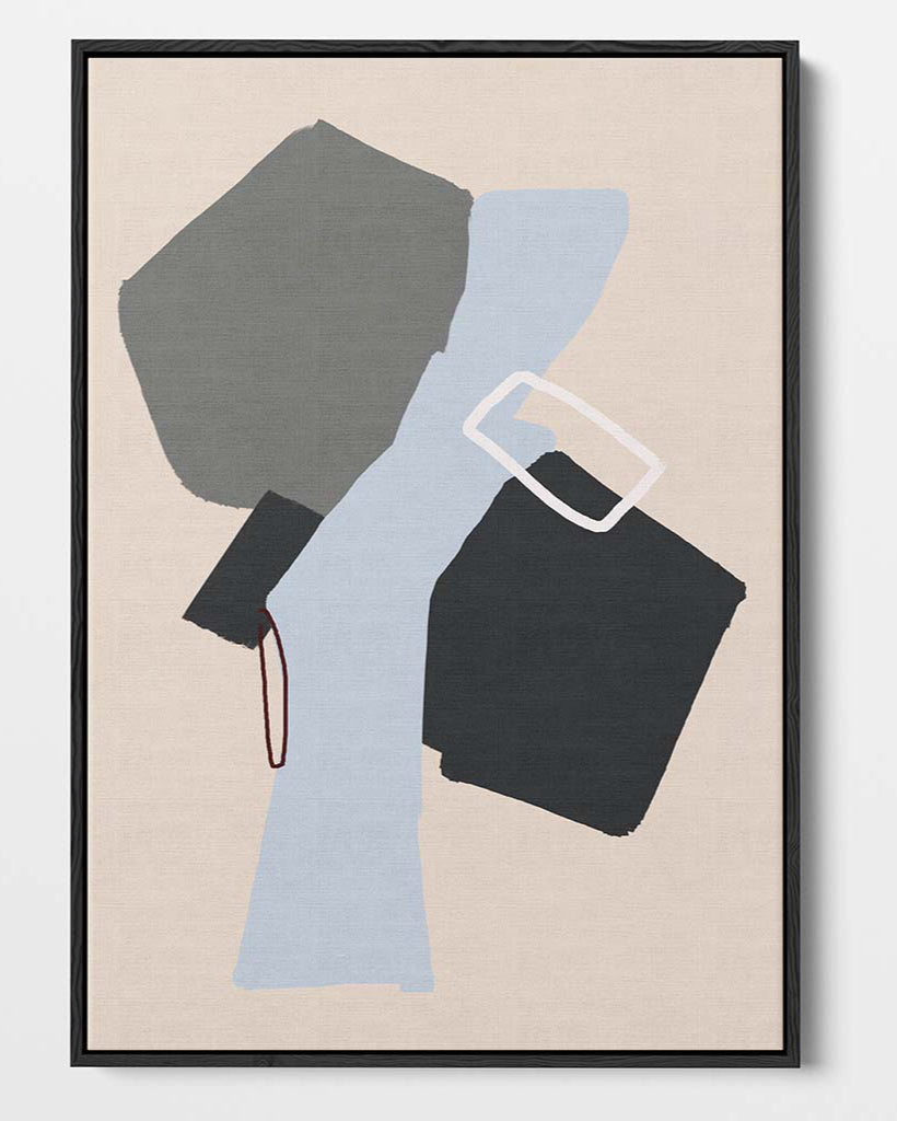 Framed abstract art print with geometric shapes on a beige background