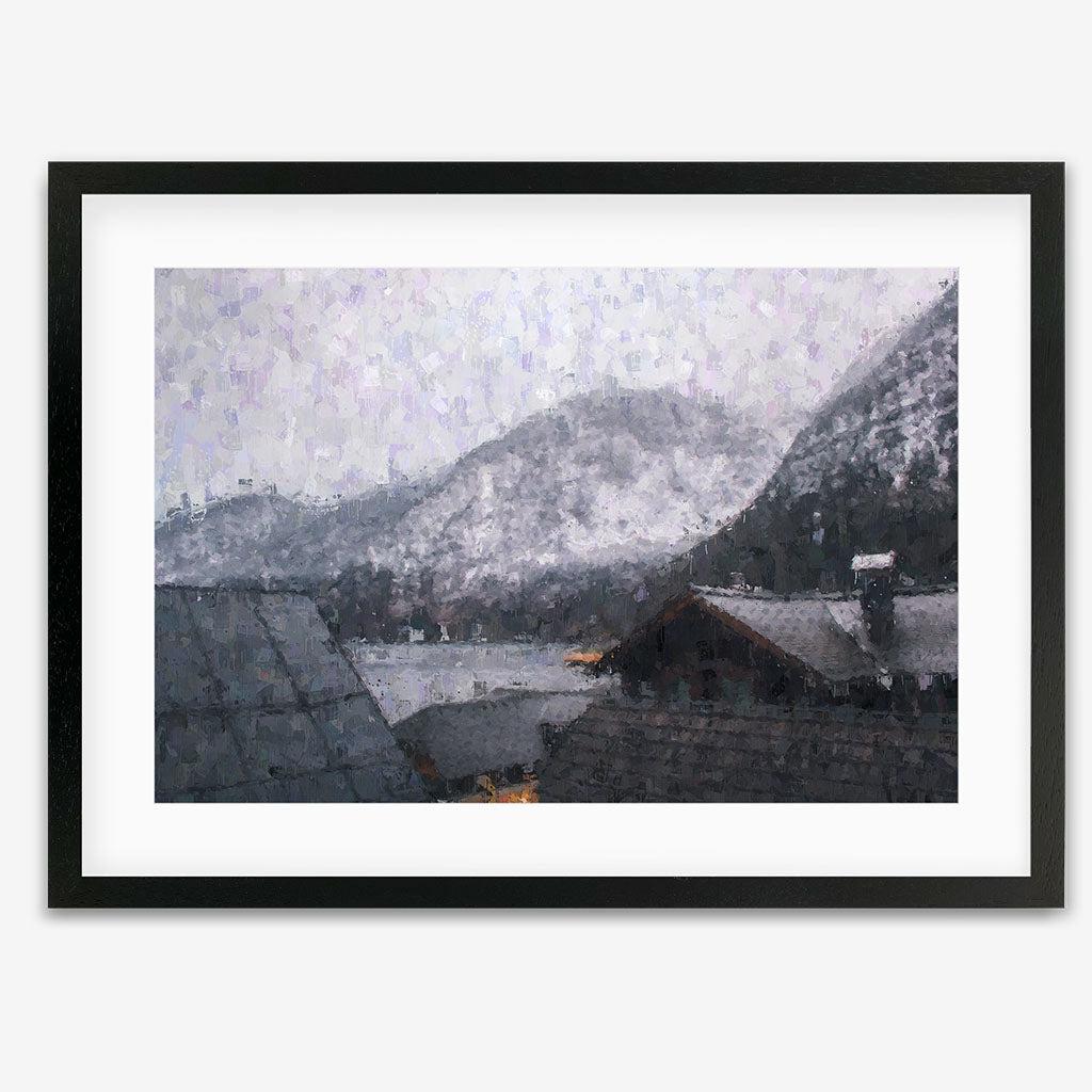 Grey Snow Mountain Impressionist Art Print - Black Frame - Abstract House