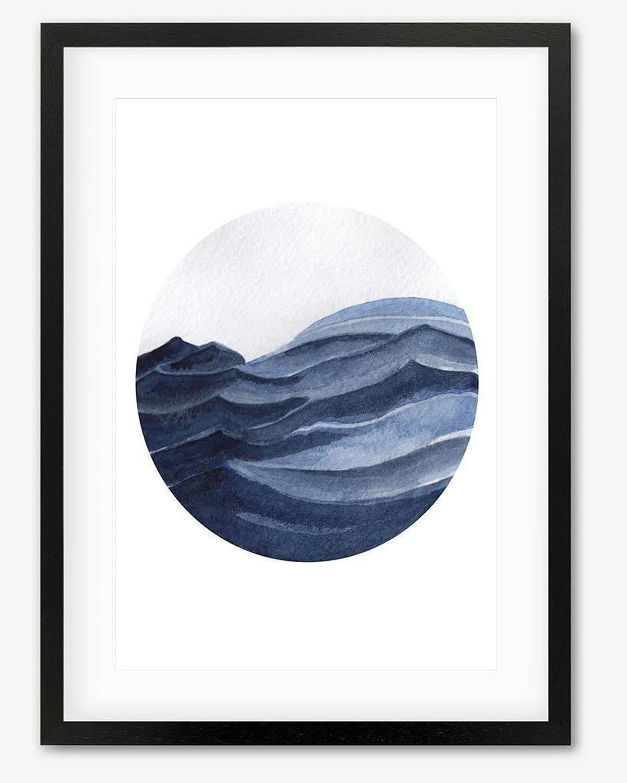 Watercolour Blue Seascape Framed Art - Black Frame - Abstract House