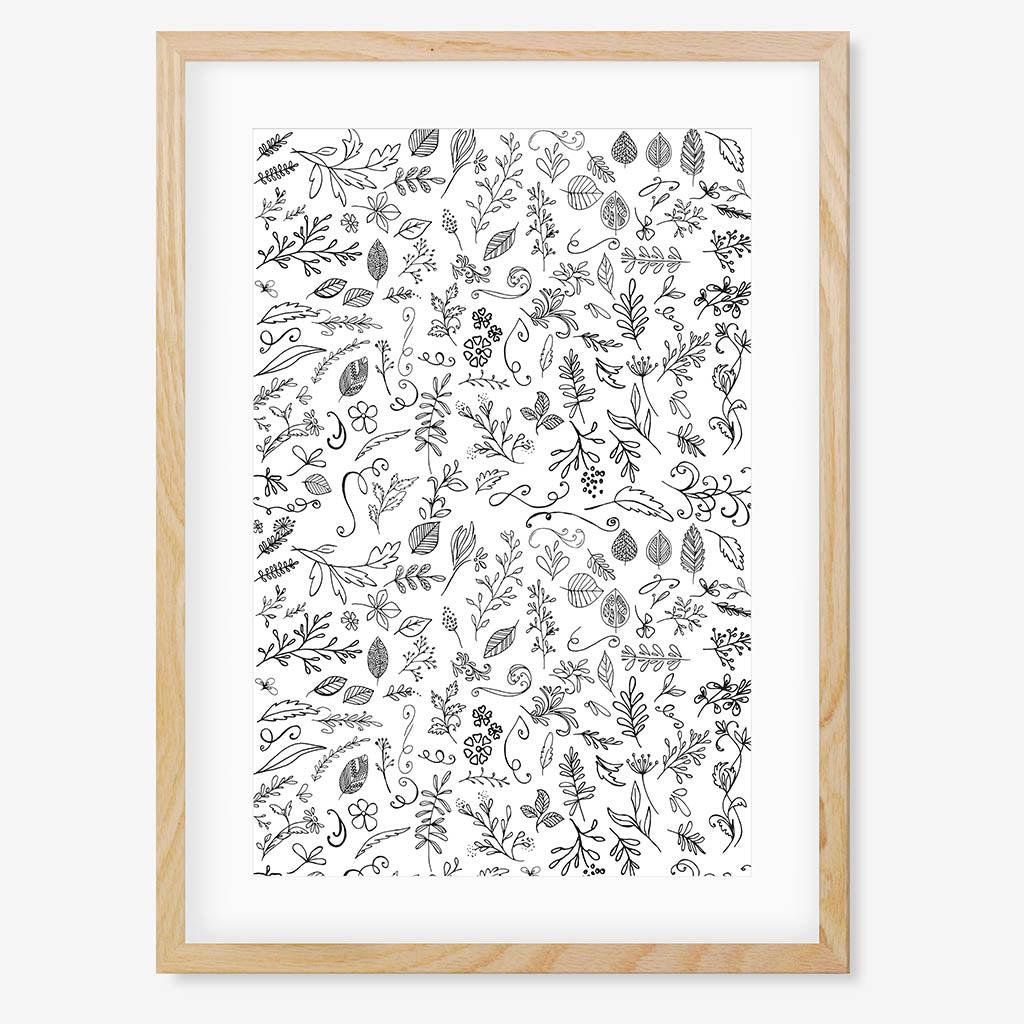Black & White Flowers Pattern Framed Art - Oak Frame - Abstract House