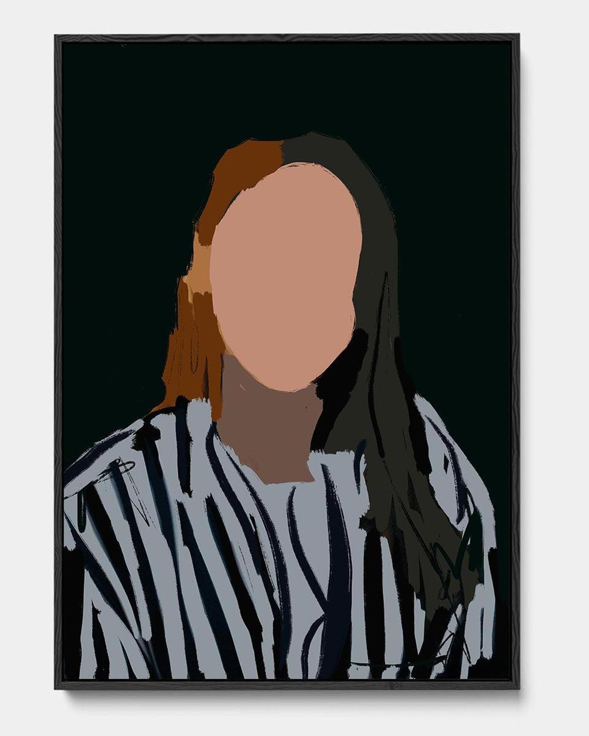 Framed artwork of a person with a blurred face wearing a striped shirt on a black background