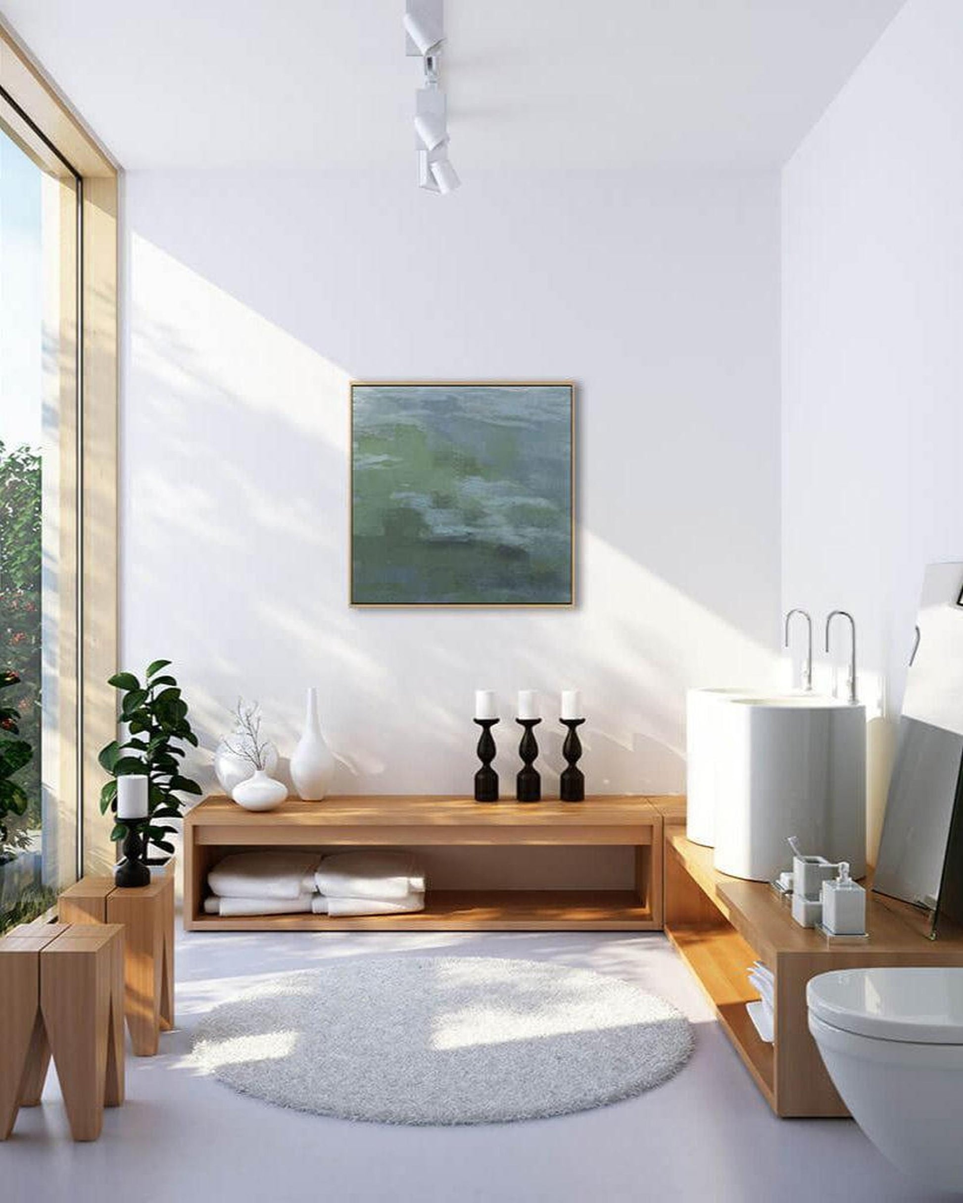 Modern bathroom interior with wooden vanity, toilet, and decor elements.