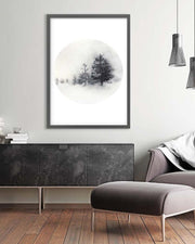 Modern living room with a framed artwork of trees on a white background, a black cabinet, and a gray sofa.