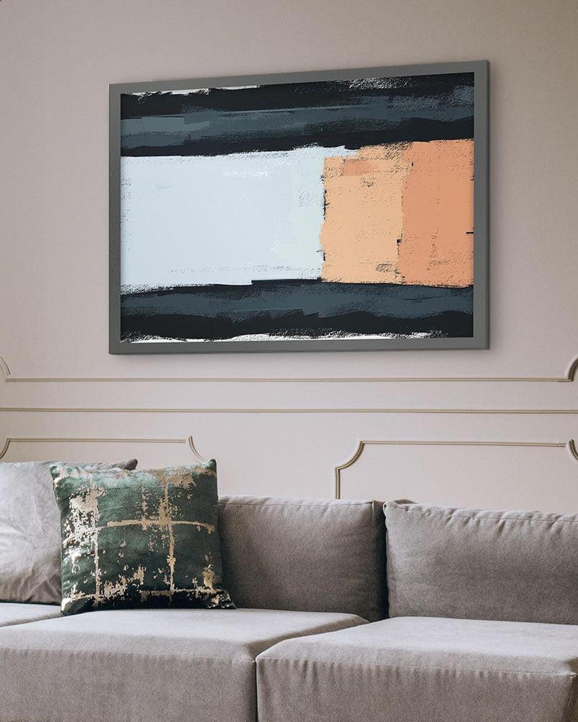 Abstract painting on a wall above a sofa with decorative pillows.